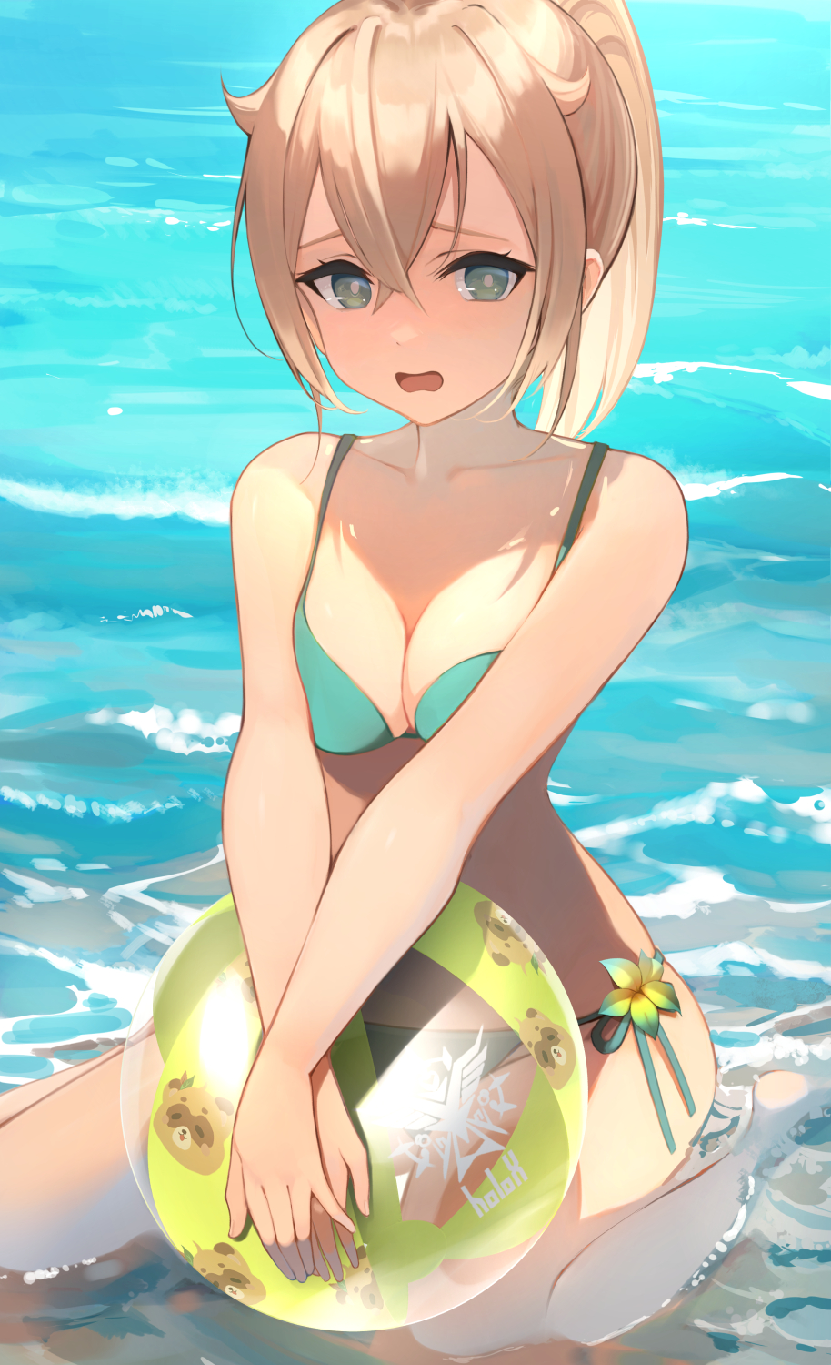 1girl aqua_eyes ball beach beachball bikini blonde_hair breasts commentary_request cowengium flower green_bikini highres holding holding_ball hololive kazama_iroha long_hair looking_at_viewer medium_breasts open_mouth own_hands_together partially_submerged pokobee ponytail side-tie_bikini sidelocks sitting soaking_feet solo swimsuit virtual_youtuber wariza water