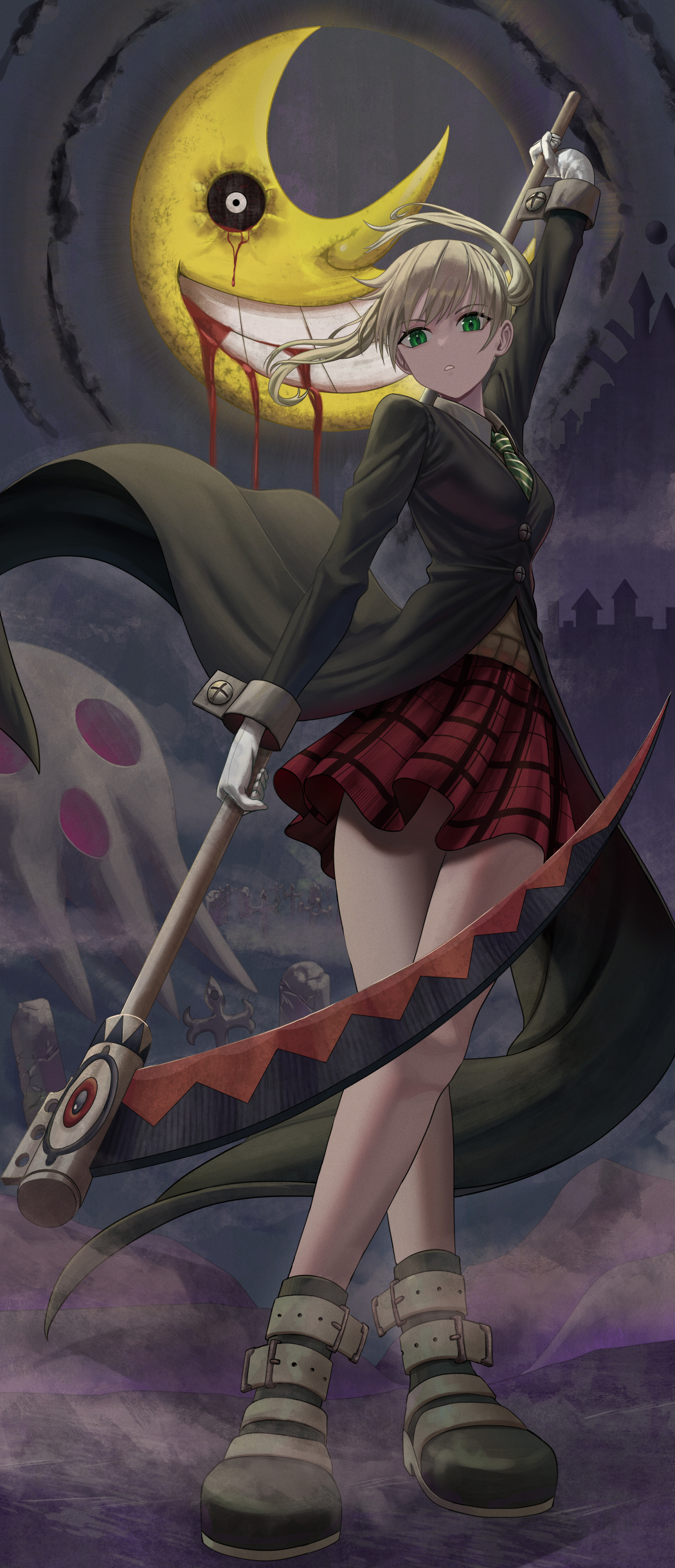 1girl absurdres arm_up bangs black_coat boots coat floating_hair foreshortening full_body gloves green_eyes green_necktie grey_shirt highres holding holding_scythe looking_at_viewer maka_albarn medium_hair necktie parted_lips plaid plaid_skirt pleated_skirt red_skirt scythe shirt silver_hair silvertsuki skirt solo soul_eater standing sweater_vest thighs twintails white_gloves wing_collar