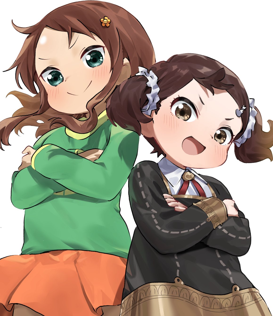 2girls :d becky_blackbell black_hair brown_eyes brown_hair child closed_mouth commentary crossed_arms crossover eden_academy_uniform forehead green_eyes green_shirt hakoneko_(marisa19899200) highres katou_emiri kobayashi-san_chi_no_maidragon long_sleeves looking_at_viewer multiple_girls open_mouth red_skirt red_tie saikawa_riko shirt skirt smile spy_x_family twintails voice_actor_connection