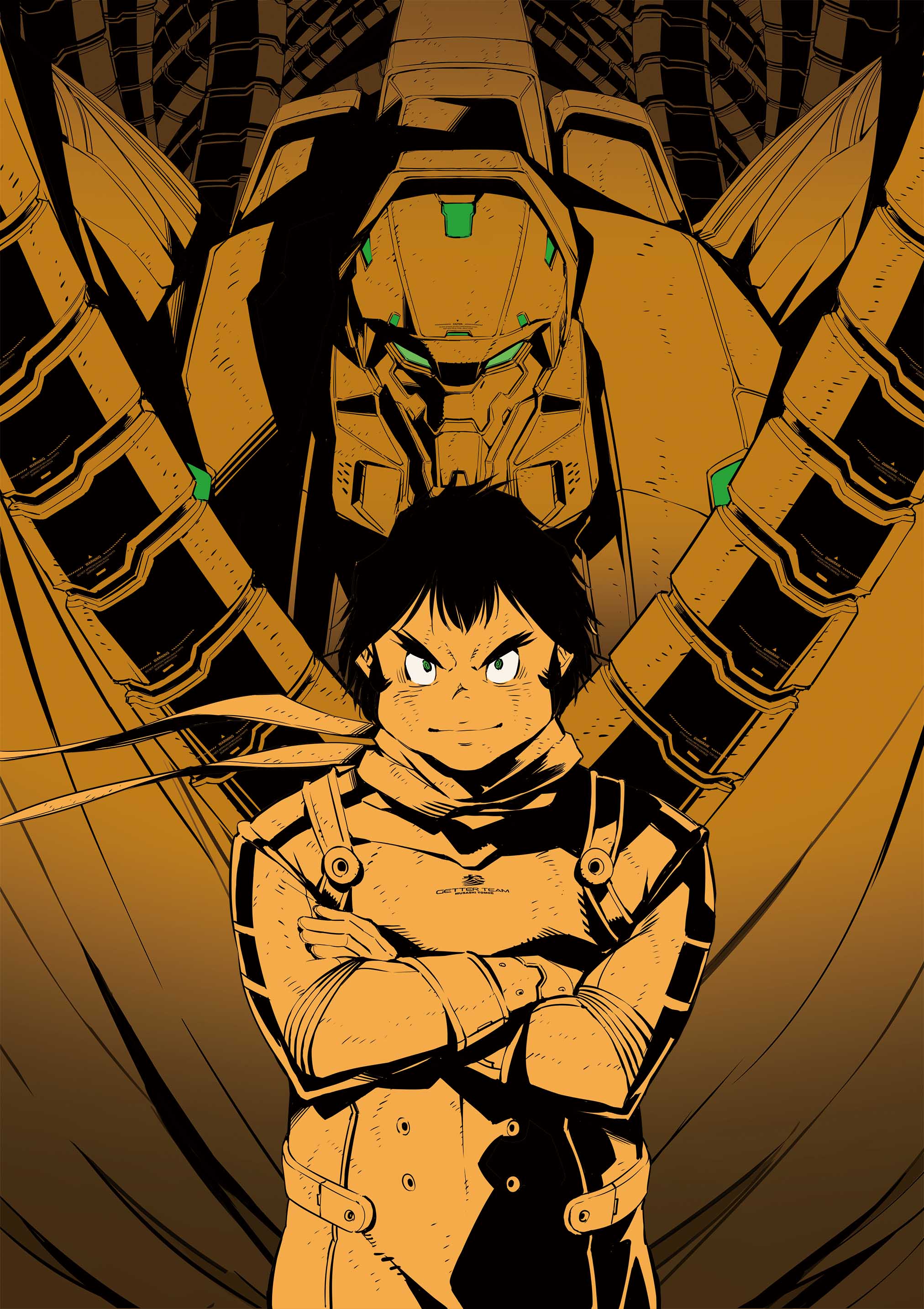 1boy absurdres black_eyes cover cover_image cover_page crossed_arms getter-3_(devolution) getter_robo getter_robo_devolution green_eyes highres looking_at_viewer male_focus manga_cover mecha musashi_tomoe_(devolution) official_art pilot_suit scarf shimizu_eiichi shimoguchi_tomohiro smile super_robot textless v-shaped_eyebrows