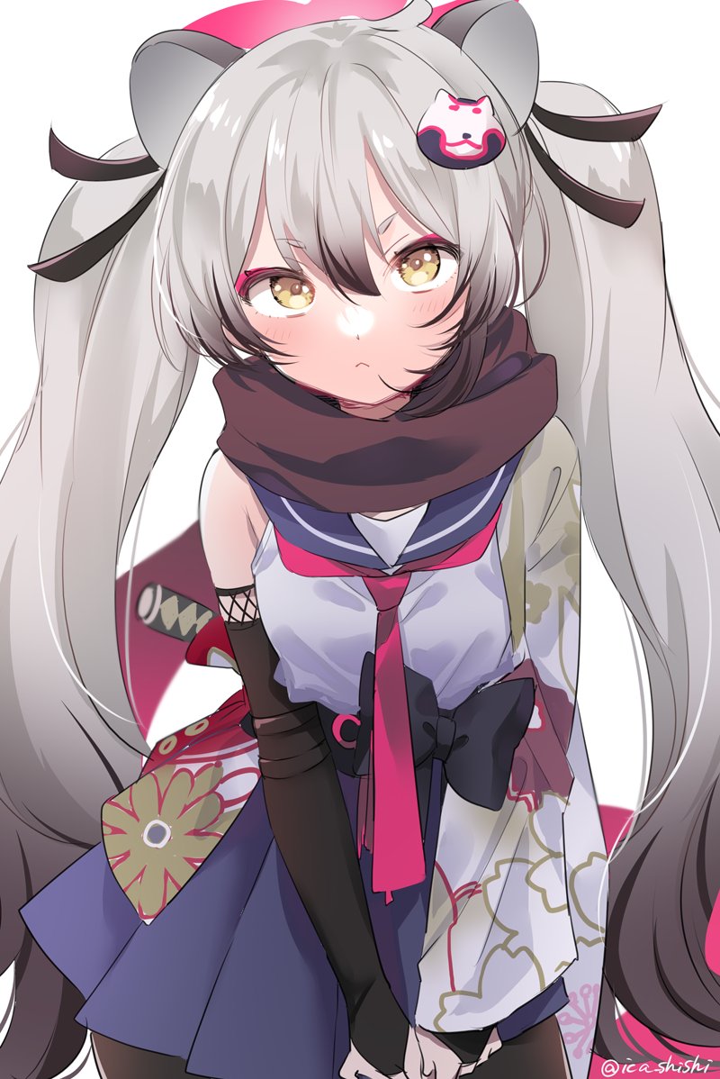 1girl :&lt; animal_ears black_bow black_ribbon black_scarf blue_archive blue_sailor_collar blue_skirt blush bow bridal_gauntlets closed_mouth eyeshadow grey_hair hair_ribbon halo ica japanese_clothes kimono long_hair looking_at_viewer makeup michiru_(blue_archive) neckerchief pink_eyeshadow pink_neckerchief pleated_skirt print_kimono ribbon sailor_collar scarf school_uniform serafuku simple_background skirt solo twintails twitter_username v_arms weapon weapon_on_back white_background white_serafuku yellow_eyes
