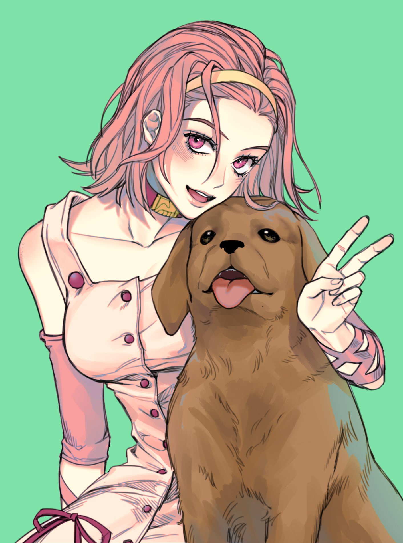 1girl arm_warmers arnold_(jojo) bare_shoulders choker diamond_wa_kudakenai dog dress hairband highres jojo_no_kimyou_na_bouken pink_dress pink_hair ranch_jjba short_hair sugimoto_reimi v