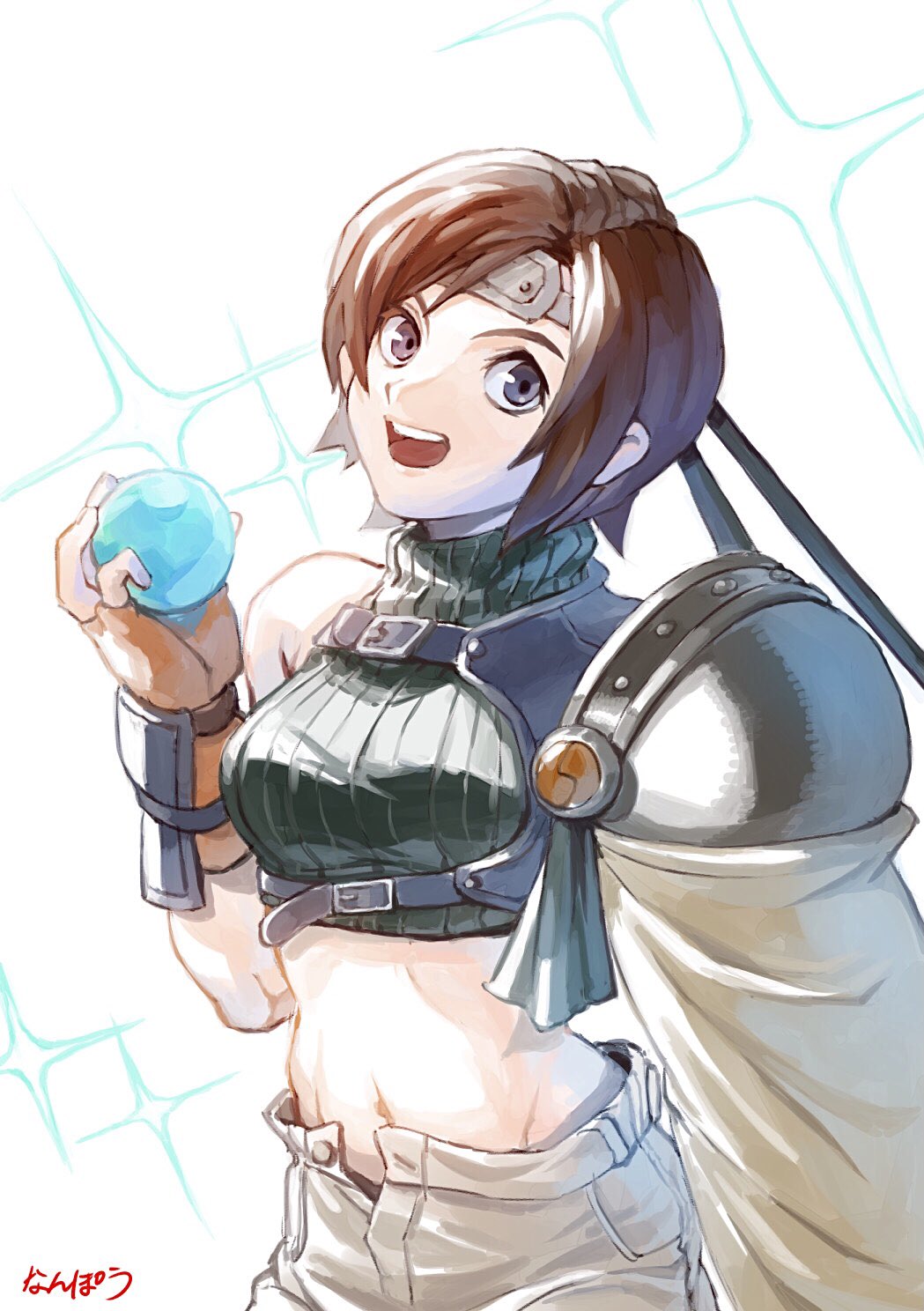 1girl breasts brown_eyes brown_hair crop_top final_fantasy final_fantasy_vii fingerless_gloves gloves headband highres looking_at_viewer materia midriff nanpou_(nanpou0021) navel open_fly open_mouth short_hair shorts sleeveless sleeveless_turtleneck smile solo turtleneck yuffie_kisaragi