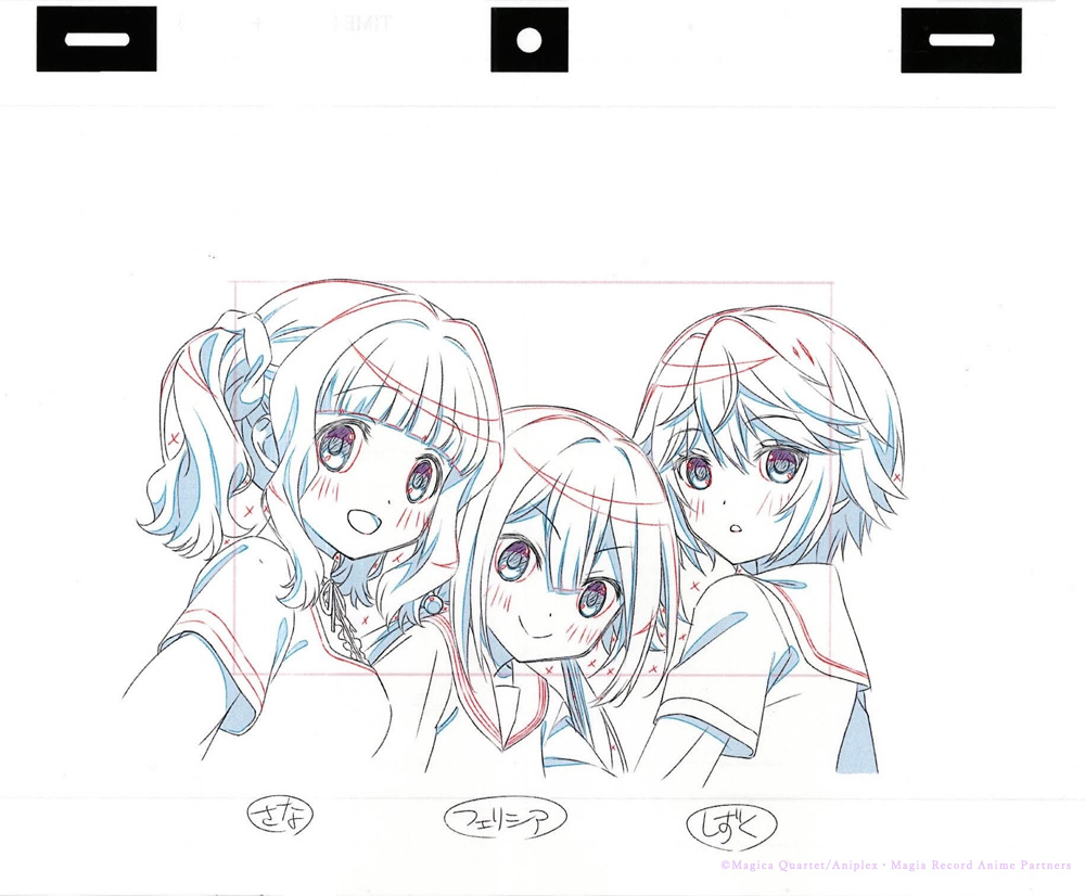 3girls :d :o animation_paper aniplex arms_at_sides artist_request bangs blunt_bangs breasts center_frills character_name chuuou_academy_uniform closed_mouth color_trace dot_nose expressionless eyebrows_visible_through_hair eyelashes frills futaba_sana hair_between_eyes hair_bobbles hair_ornament hair_scrunchie happy high_collar hozumi_shizuku key_frame layered_sleeves leaning_forward light_blush lineup long_eyelashes long_sleeves looking_at_viewer looking_back low_twintails magia_record:_mahou_shoujo_madoka_magica_gaiden mahou_shoujo_madoka_magica medium_breasts mitsuki_felicia mizuna_girls'_academy_uniform multiple_girls neck_ribbon official_art open_mouth parted_bangs parted_lips partially_colored production_art ribbon sailor_collar sankyouin_academy_uniform school_uniform scrunchie short_hair short_over_long_sleeves short_sleeves sidelocks simple_background smile smirk spiky_hair tareme tsurime twintails upper_body wavy_hair white_background