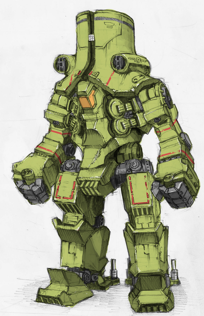 cherno_alpha double_deck full_body graphite_(medium) green_theme highres mecha mixed_media no_humans pacific_rim standing traditional_media