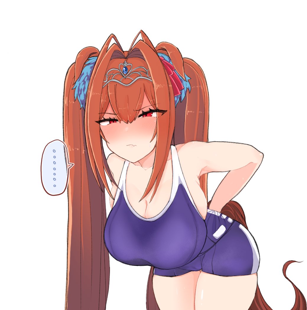 ... 1girl animal_ears breasts brown_hair commentary daiwa_scarlet_(umamusume) hanging_breasts horse_ears horse_girl horse_tail large_breasts long_hair red_eyes ro_(aahnn) school_swimsuit simple_background solo swimsuit tail thick_thighs thighs twintails umamusume very_long_hair white_background