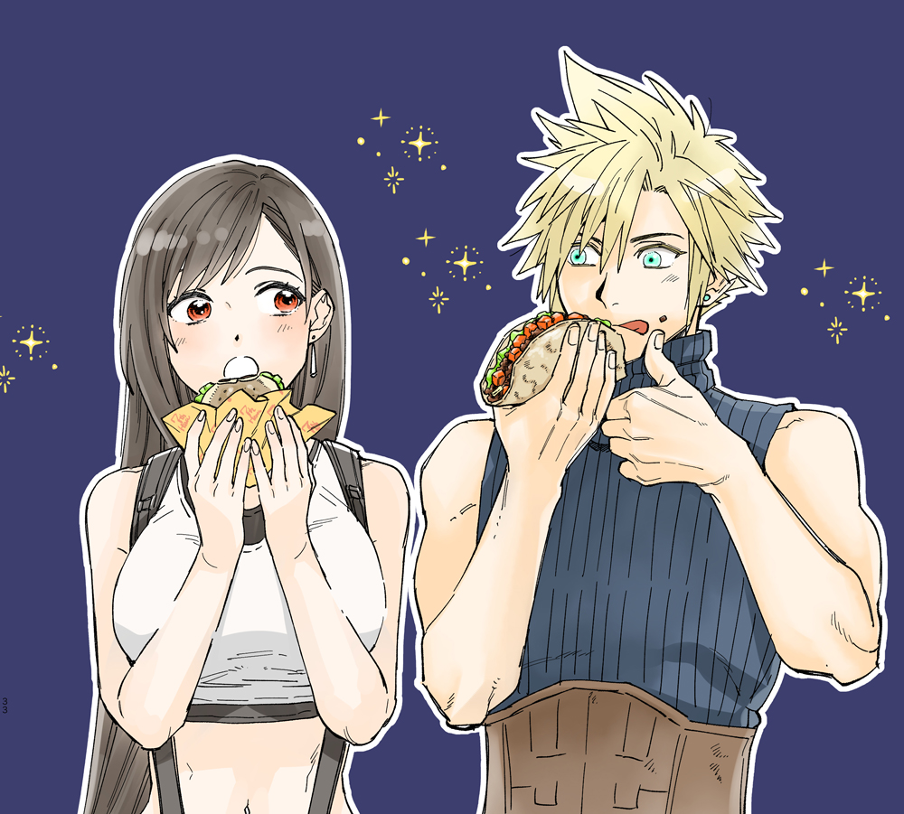 1boy 1girl bare_shoulders black_hair blonde_hair blue_background blue_eyes blush breasts burger cloud_strife couple crop_top earrings eating final_fantasy final_fantasy_vii final_fantasy_vii_remake food food_on_face holding holding_food jewelry large_breasts long_hair looking_at_another midriff navel open_mouth red_eyes shouyu_(soysoy) sleeveless sleeveless_turtleneck spiky_hair suspenders tank_top tifa_lockhart tongue tongue_out turtleneck white_tank_top