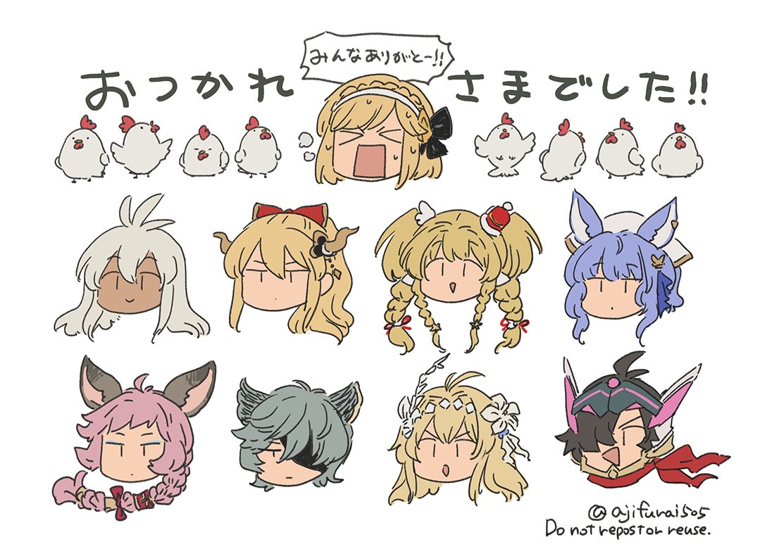 &gt;_&lt; ... 2boys 6+girls :&lt; :d animal animal_ears antenna_hair asaya_minoru bangs bird black_hair blonde_hair blue_hair bow braid character_request chibi chicken closed_eyes closed_mouth commentary_request dark-skinned_female dark_skin djeeta_(granblue_fantasy) english_text eye_mask eyebrows_visible_through_hair eyepatch eyeshadow granblue_fantasy grey_hair hair_bow hair_over_one_eye horns jeanne_d'arc_(granblue_fantasy) long_hair mahira_(granblue_fantasy) makeup multiple_boys multiple_girls nehan_(granblue_fantasy) pink_hair red_bow simple_background single_braid smile spoken_ellipsis sweat tien_(granblue_fantasy) translation_request twin_braids twintails twitter_username v-shaped_eyebrows vira_(granblue_fantasy) white_background zooey_(granblue_fantasy)