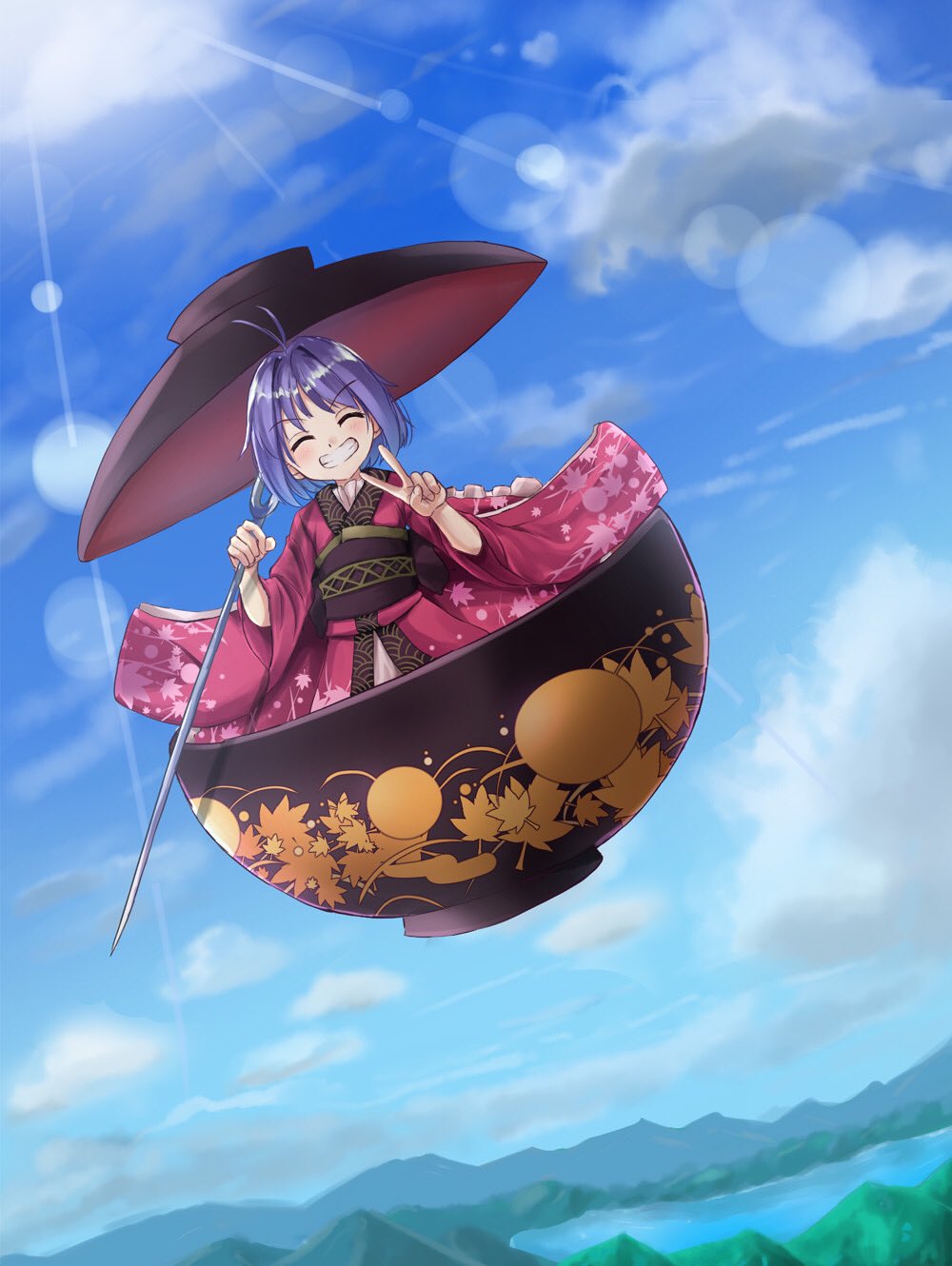 1girl ^_^ ahoge black_sash bowl bowl_hat closed_eyes clouds cloudy_sky commentary_request day floral_print flying frilled_kimono frills grin happy hat highres holding holding_needle japanese_clothes kachuten kimono long_sleeves minigirl mountain needle needle_sword obi open_mouth pink_kimono purple_hair sash short_hair sky smile solo sukuna_shinmyoumaru touhou v wide_sleeves