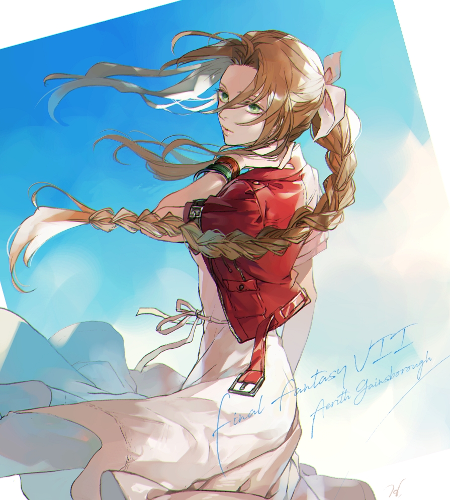 1girl aerith_gainsborough bangs belt blue_background bracelet braid braided_ponytail character_name clouds cloudy_sky copyright_request cropped_jacket dress final_fantasy final_fantasy_vii final_fantasy_vii_remake floating_hair green_eyes hair_ribbon hand_in_own_hair hug_ff14 jacket jewelry long_dress parted_bangs pink_dress red_jacket ribbon sidelocks sky solo upper_body wavy_hair wind