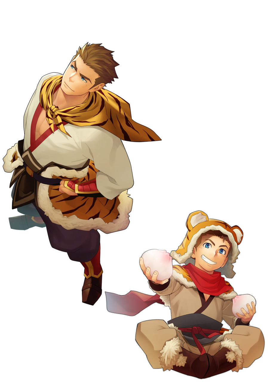 2boys animal_print baggy_pants baozi belt blue_eyes boots brown_hair cape capelet child crossed_legs food gauntlets hand_on_hip highres itto_(mentaiko) japanese_clothes kimono looking_at_viewer looking_to_the_side male_focus mature_male multiple_boys muscular muscular_male pants pectoral_cleavage pectorals sandals sangokushi_puzzle_taisen sideburns sitting skirt smile smirk spiky_hair sun_quan sun_quan_(sangokushi_taisen) teeth tiger_print white_background yukata