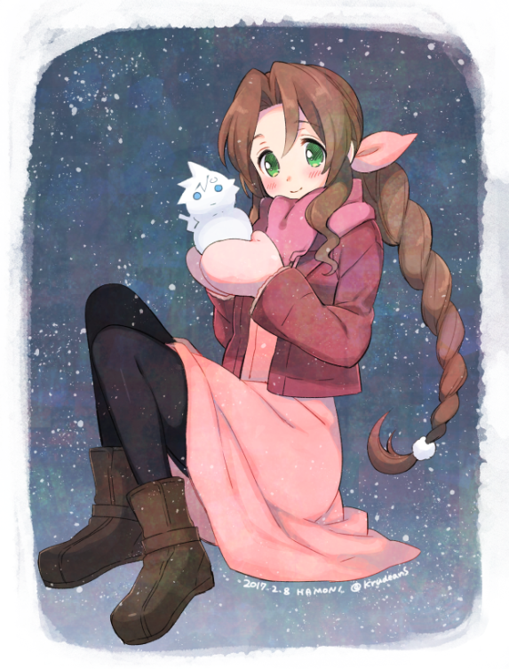 1girl aerith_gainsborough bangs black_legwear blush boots braid braided_ponytail brown_hair cloud_strife coat dress final_fantasy final_fantasy_vii full_body green_eyes grey_background hair_ribbon krudears mittens parted_bangs pink_dress pink_scarf red_coat ribbon scarf sidelocks sitting snow snowman winter_clothes