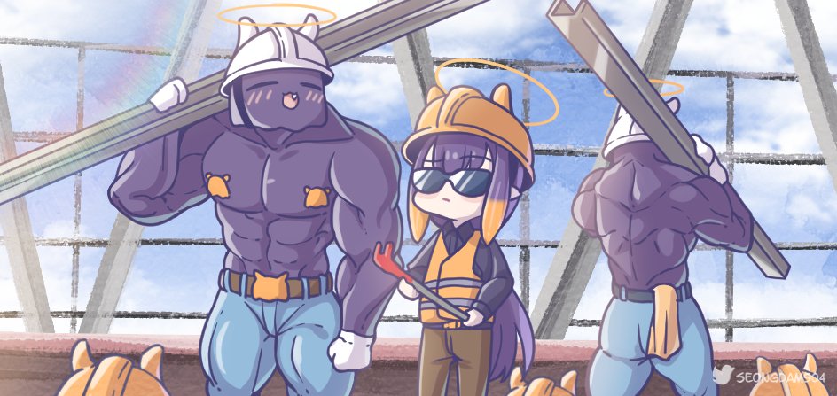 1girl bangs construction_site construction_worker crowbar gloves hardhat helmet hololive hololive_english long_hair monja_(monja0521) multicolored_hair multiple_boys muscular ninomae_ina'nis open_mouth pointy_ears purple_hair steel_beam sunglasses tako_(ninomae_ina'nis) tentacle_hair vest virtual_youtuber