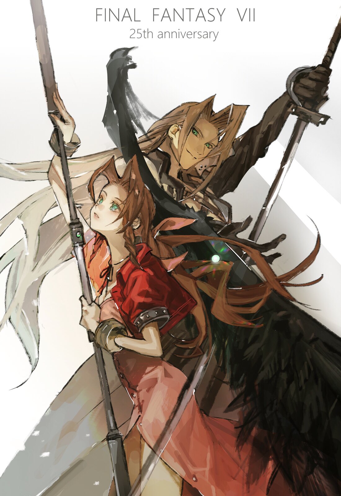 1boy 1girl aerith_gainsborough armor bangs black_coat black_gloves black_wings bracelet breasts brown_hair choker coat cropped_jacket dress final_fantasy final_fantasy_vii gloves green_eyes highres holding holding_sword holding_weapon jacket jewelry long_coat long_dress long_hair masamune_(ff7) materia medium_breasts parted_bangs parted_lips pink_dress ponytail red_jacket sephiroth shoulder_armor sidelocks silver_hair single_wing staff sword talesofmea unbuttoned_dress upper_body wavy_hair weapon white_background wings