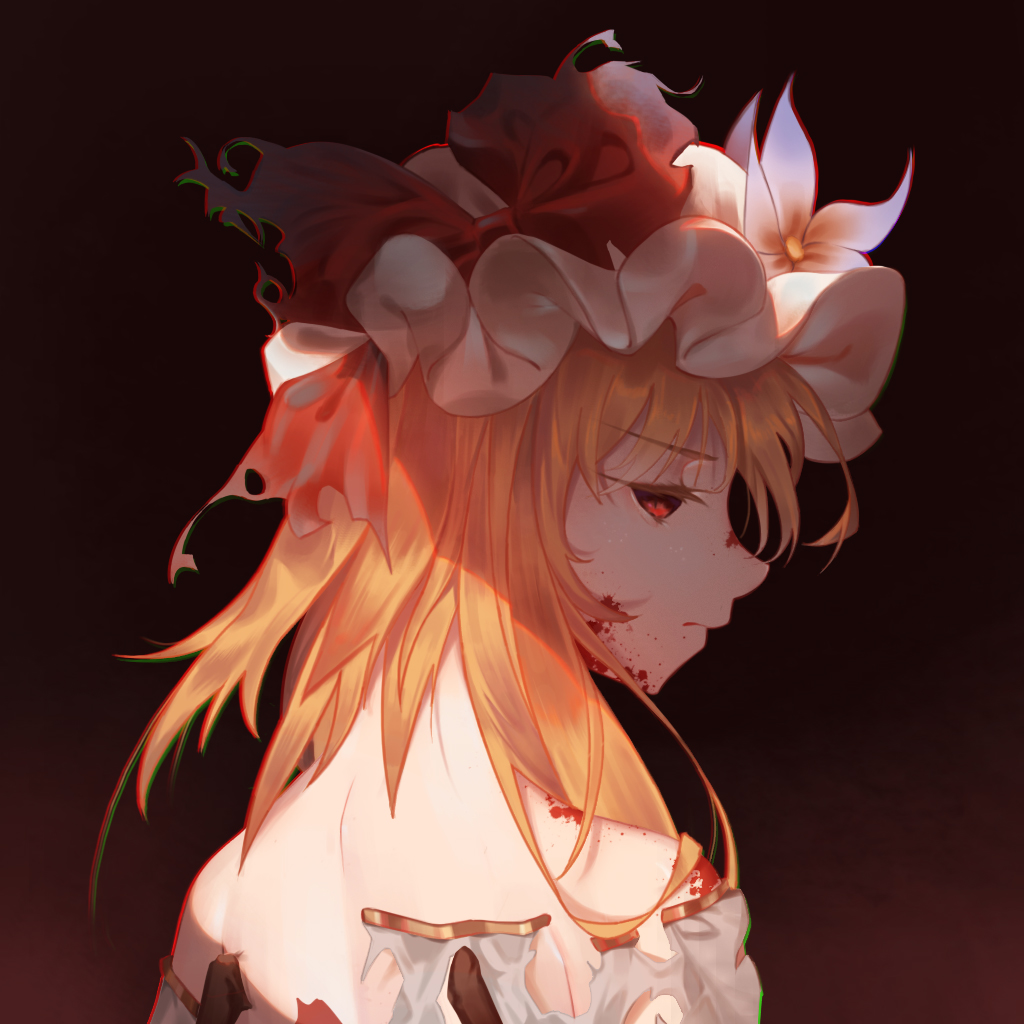 1girl aier_(2835730563) bare_shoulders blonde_hair blood blood_on_face bow closed_mouth commentary eyebrows_visible_through_hair flandre_scarlet flower from_behind frown hat hat_bow hat_flower long_hair looking_at_viewer looking_back mob_cap portrait purple_flower red_bow red_eyes shirt solo torn_clothes torn_shirt touhou white_headwear white_shirt