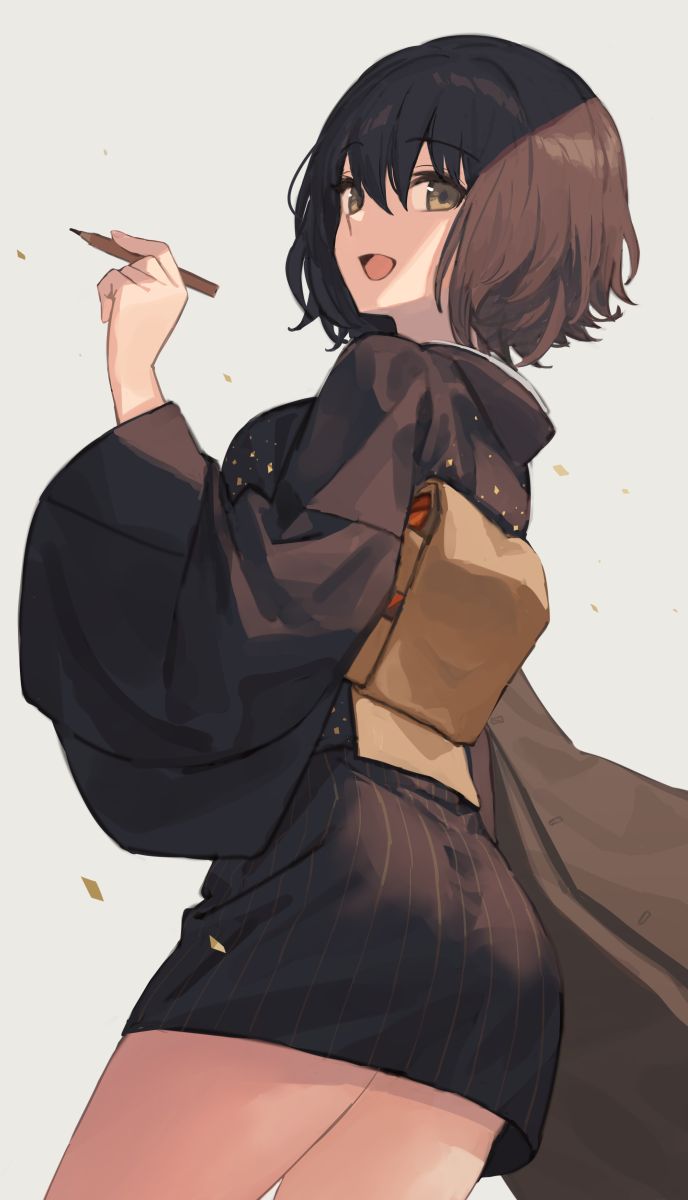 1girl :d bangs brown_hair chorefuji commentary_request from_below green_eyes grey_background hair_between_eyes hand_up highres holding holding_pencil japanese_clothes kimono looking_at_viewer looking_down open_mouth original pencil short_hair short_kimono smile solo tongue wide_sleeves