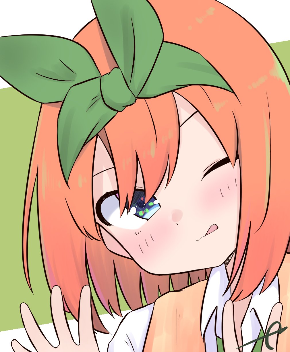 1girl ;q bangs blue_eyes blush closed_mouth collared_shirt commentary eyebrows_behind_hair go-toubun_no_hanayome green_background green_ribbon hair_between_eyes hair_ribbon hands_up highres kujou_karasuma nakano_yotsuba one_eye_closed orange_hair ribbon shirt signature smile solo sweater_vest tongue tongue_out two-tone_background upper_body white_background white_shirt