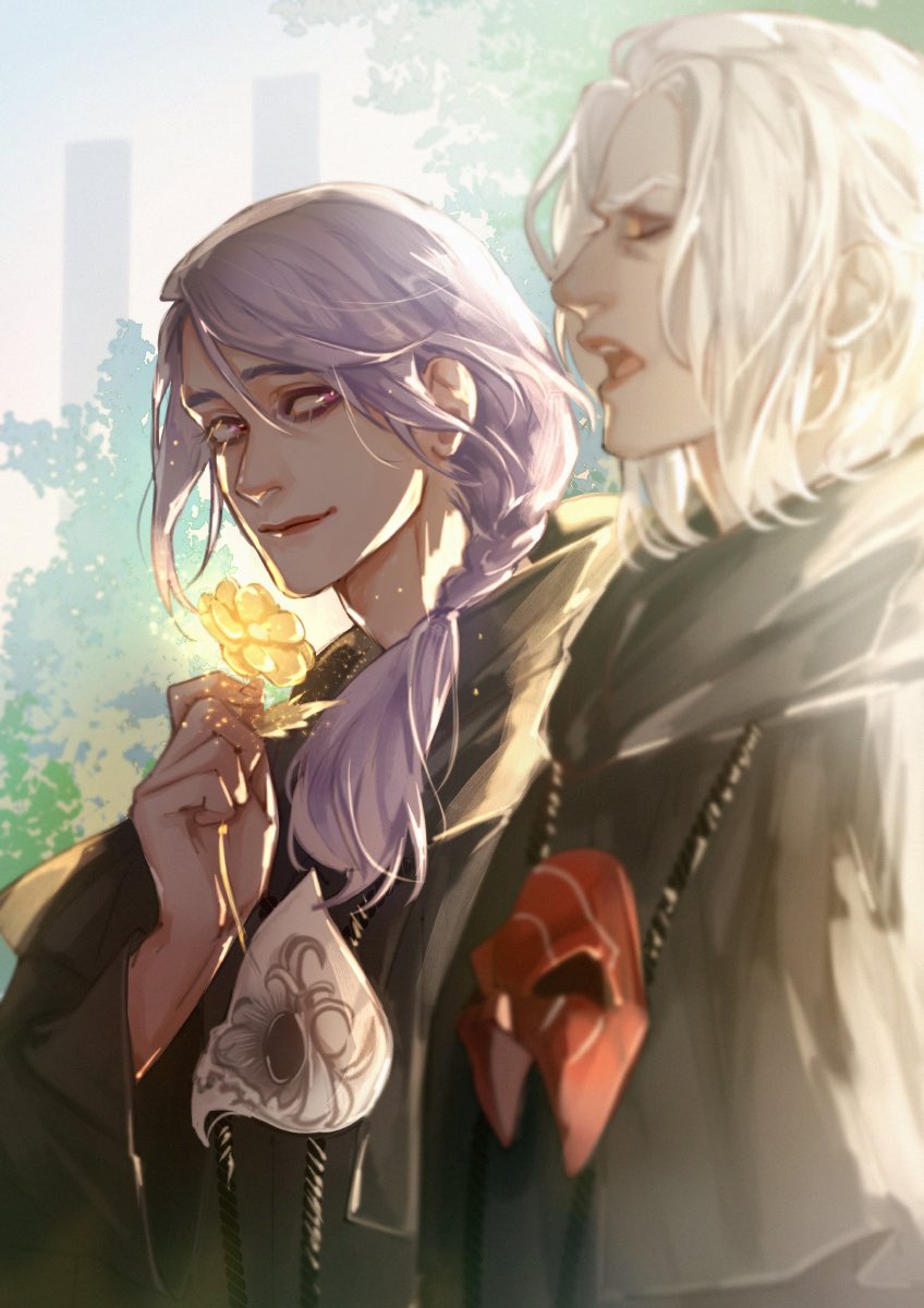 2boys asymmetrical_hair bangs black_robe braid closed_eyes emet-selch final_fantasy final_fantasy_xiv flower hair_between_eyes highres holding holding_flower hood hood_down hythlodaeus katagawa_mika mask mask_removed medium_hair multiple_boys open_mouth parted_bangs purple_hair side_braid talking teeth tower tree upper_body upper_teeth violet_eyes white_hair yellow_flower