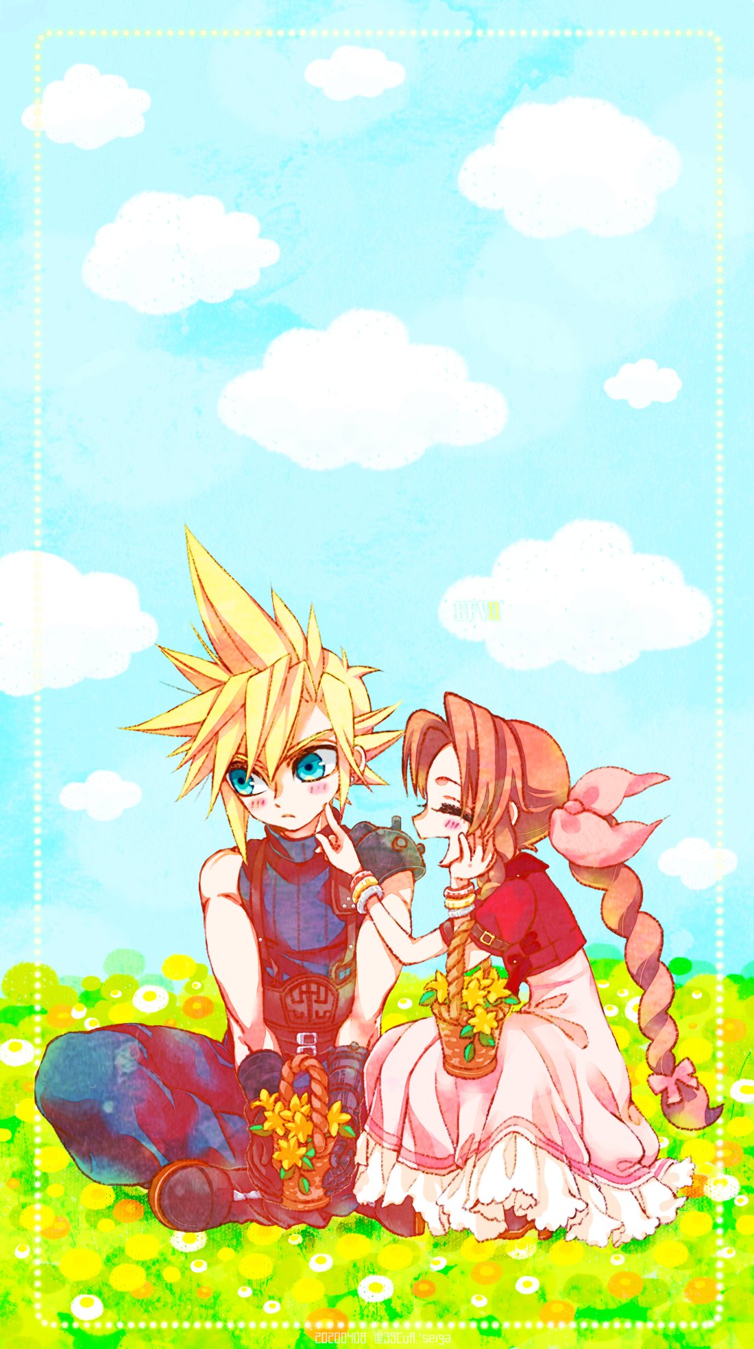 1boy 1girl 39cva aerith_gainsborough aqua_eyes armor asymmetrical_hair belt blonde_hair blue_pants blue_shirt blush boots bracelet braid braided_ponytail brown_hair closed_eyes cloud_strife clouds cloudy_sky couple cropped_jacket dress field final_fantasy final_fantasy_vii final_fantasy_vii_remake flower flower_basket flower_field hair_ribbon hand_on_another's_chin hand_on_own_chin highres jacket jewelry long_dress multiple_belts on_ground open_mouth pants pink_dress red_jacket ribbon shirt shoulder_armor sitting sky sleeveless sleeveless_turtleneck spiky_hair suspenders turtleneck yellow_flower