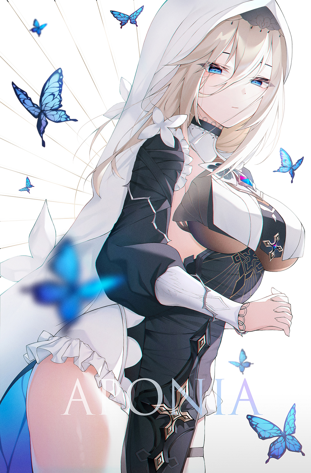 1girl aponia_(honkai_impact) bangs black_dress blonde_hair blue_eyes blurry blurry_foreground breast_curtain breasts bug butterfly character_name closed_mouth commentary cowboy_shot cross dress expressionless frilled_dress frills gem habit hair_between_eyes half-closed_eyes highres honkai_(series) honkai_impact_3rd infinity_(kkx132) interlocked_fingers long_hair long_sleeves looking_at_viewer looking_to_the_side medium_breasts motion_blur nun own_hands_together pelvic_curtain solo standing turtleneck white_background white_headwear