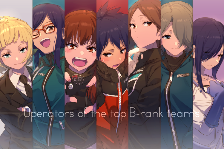 6+girls ;d bangs black_hair black_jacket black_necktie blonde_hair blue_eyes blue_jacket bob_cut brown_eyes brown_hair claw_pose closed_mouth collarbone collared_shirt column_lineup cosplay crossed_arms echo_(circa) embarrassed english_text eyelashes fangs formal glasses gloves hair_over_one_eye hand_up hands_up hitomi_mako hiyami_aki hosoi_maori jacket kittaka_haya koarai_noboru light_brown_hair long_hair long_sleeves looking_at_viewer multiple_girls necktie nervous nire_hikari one_eye_closed one_eye_covered open_mouth purple_gloves purple_hair reaching_out red-framed_eyewear red_eyes red_jacket shiki_sayoko shirt short_hair simple_background smile suit sweat thinking turtleneck uniform upper_body usami_shiori white_gloves white_shirt world_trigger zipper