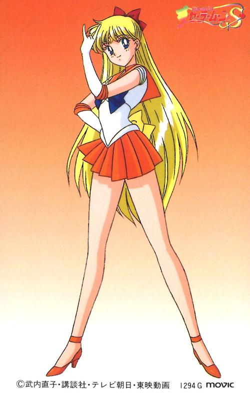 1990s_(style) 1girl aino_minako bangs bishoujo_senshi_sailor_moon blonde_hair blue_eyes bow copyright elbow_gloves full_body gloves gradient gradient_background hair_bow high_heels inner_senshi legs leotard logo long_hair looking_at_viewer magical_girl miniskirt non-web_source official_art orange_background orange_footwear orange_sailor_collar orange_skirt pleated_skirt retro_artstyle sailor_collar sailor_senshi sailor_senshi_uniform sailor_venus scan skirt smile solo standing strappy_heels tiara