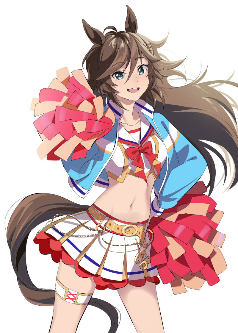 1girl ahoge animal_ears bangs belt blue_jacket bow bowtie breasts cowboy_shot crop_top floating_hair green_eyes hand_on_hip holding holding_pom_poms horse_ears horse_girl horse_tail jacket layered_skirt long_hair long_sleeves looking_at_viewer midriff miniskirt misu_kasumi mr._c.b._(umamusume) navel open_clothes open_jacket pom_pom_(cheerleading) red_bow red_bowtie sailor_collar skirt small_breasts smile solo tail teeth thigh_strap umamusume upper_teeth
