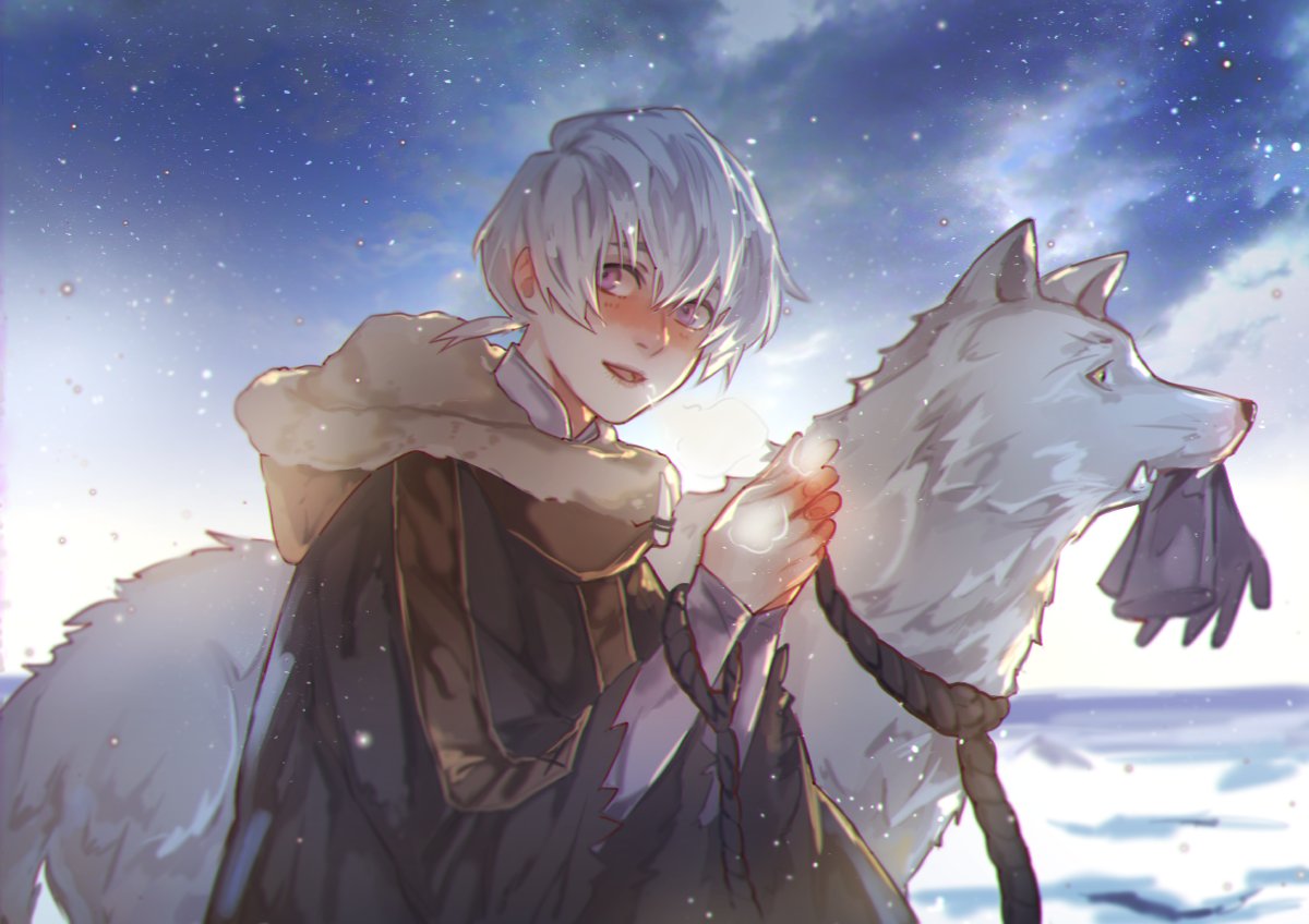 1boy androgynous blush brown_coat clouds cloudy_sky coat dog fumetsu_no_anata_e fur_trim fushi gloves hair_between_eyes holding holding_clothes holding_gloves joan_(fumetsu_no_anata_e) katagawa_mika leash low_ponytail night night_sky open_mouth short_hair sky snow steam the_nameless_boy_(fumetsu_no_anata_e) upper_body violet_eyes white_fur white_hair