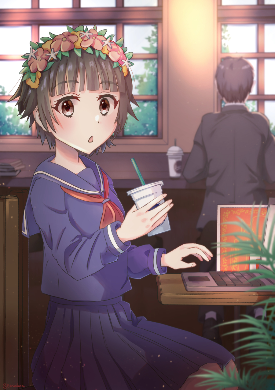 1boy 1girl :&lt; bangs black_hair blue_sailor_collar blue_serafuku blue_skirt blunt_bangs breasts brown_eyes cafe chair commentary computer cup disposable_cup drink drinking_straw eyebrows_visible_through_hair flower from_side hair_flower hair_ornament head_wreath highres holding holding_cup holding_drink indoors laptop light_particles looking_at_viewer looking_to_the_side menu neckerchief open_mouth plant pleated_skirt potted_plant red_neckerchief sailor_collar sakugawa_school_uniform school_uniform serafuku short_hair sitting skirt small_breasts solo_focus table toaru_kagaku_no_railgun toaru_majutsu_no_index tree uiharu_kazari window yusshii