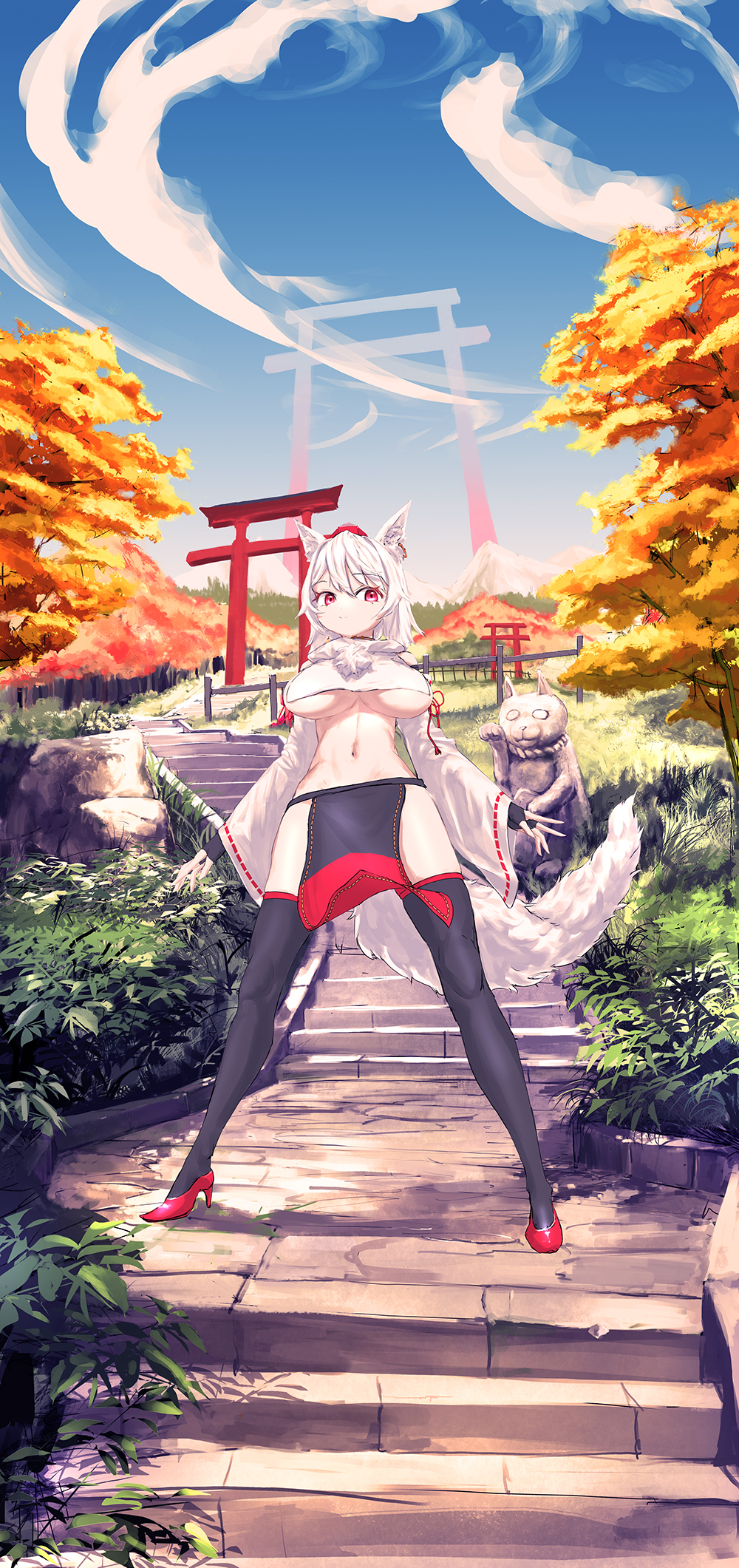 1girl animal_ears bangs bare_shoulders black_gloves black_legwear blue_sky breasts closed_mouth clouds cloudy_sky fingerless_gloves gloves gorenote grass high_heels highres inubashiri_momiji large_breasts looking_at_viewer navel outdoors red_eyes red_footwear short_sleeves sky solo stairs standing stone_floor tail thigh-highs touhou tree under_boob white_hair white_sleeves wolf_ears wolf_girl wolf_tail