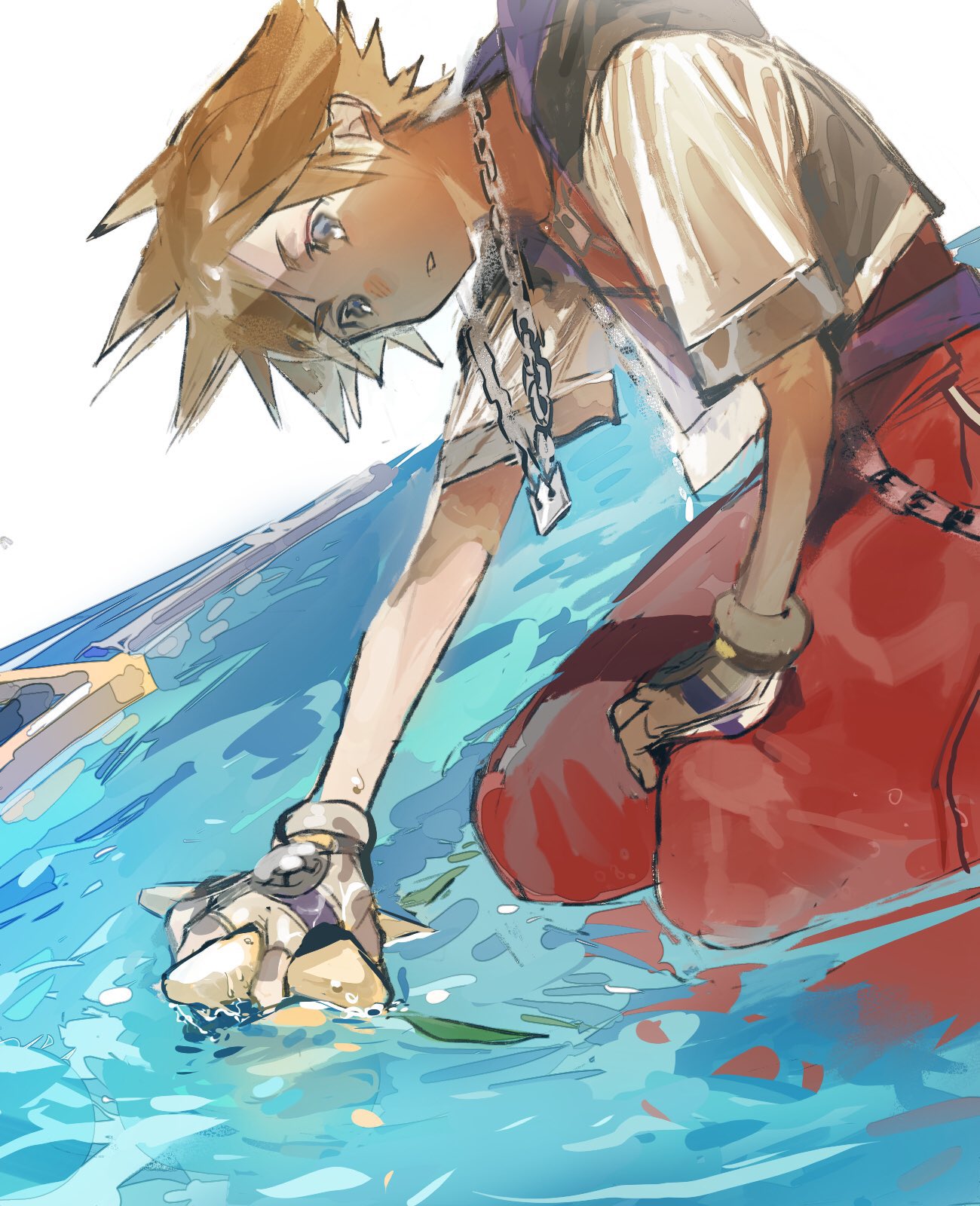 1boy blue_eyes brown_hair cropped_jacket fingerless_gloves food fruit gloves hair_between_eyes highres holding holding_food holding_fruit hood hood_down jewelry keyblade kingdom_hearts necklace paopu_fruit parted_lips partially_submerged red_shorts short_sleeves shorts solo sora_(kingdom_hearts) spiky_hair talesofmea upper_body