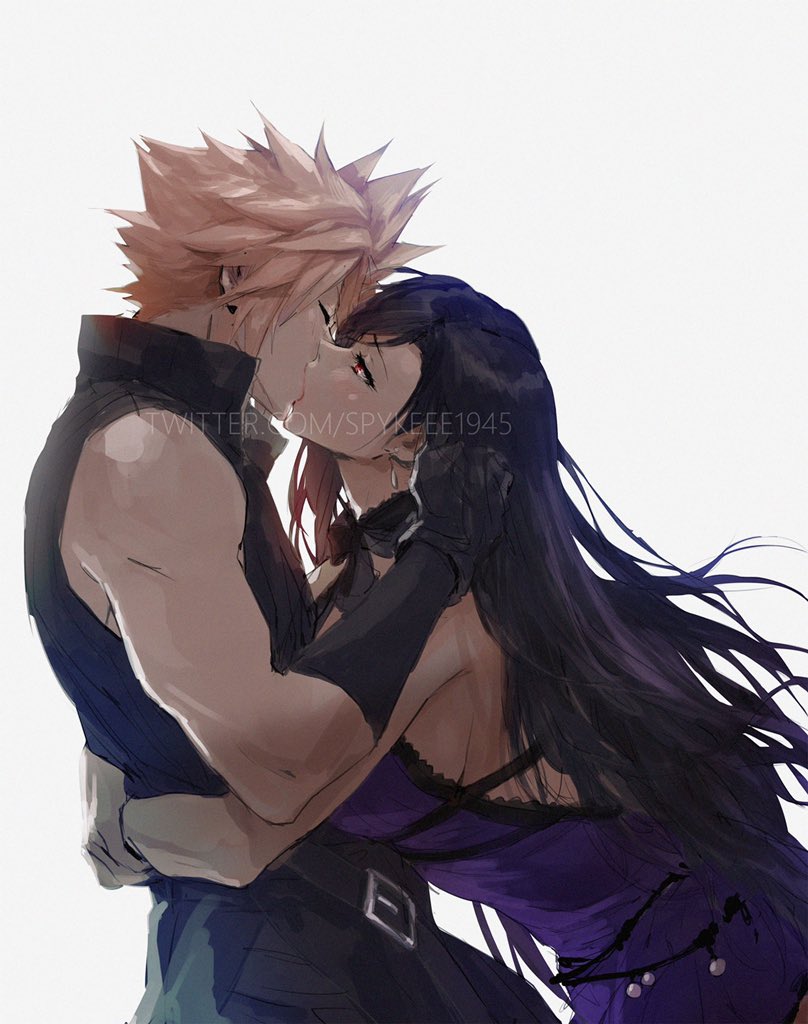 1boy 1girl alternate_costume bare_shoulders black_gloves black_hair blonde_hair breasts cloud_strife couple earrings final_fantasy final_fantasy_vii final_fantasy_vii_remake gloves hands_on_another's_head high_collar hug jewelry kiss large_breasts long_hair looking_at_another official_alternate_costume red_eyes sideboob sleeveless spiky_hair spykeee tifa_lockhart tifa_lockhart's_refined_dress twitter_username white_background