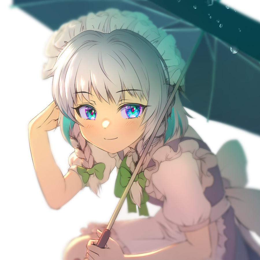 1girl apron bangs blue_eyes blurry blurry_background blush bow bowtie braid depth_of_field dress eyebrows_visible_through_hair frills green_bow green_ribbon hair_bow holding holding_umbrella izayoi_sakuya looking_at_viewer maid maid_apron maid_headdress puffy_short_sleeves puffy_sleeves ribbon shiroi_karasu shirt short_hair short_sleeves silver_hair smile solo touhou twin_braids umbrella upper_body white_apron white_shirt