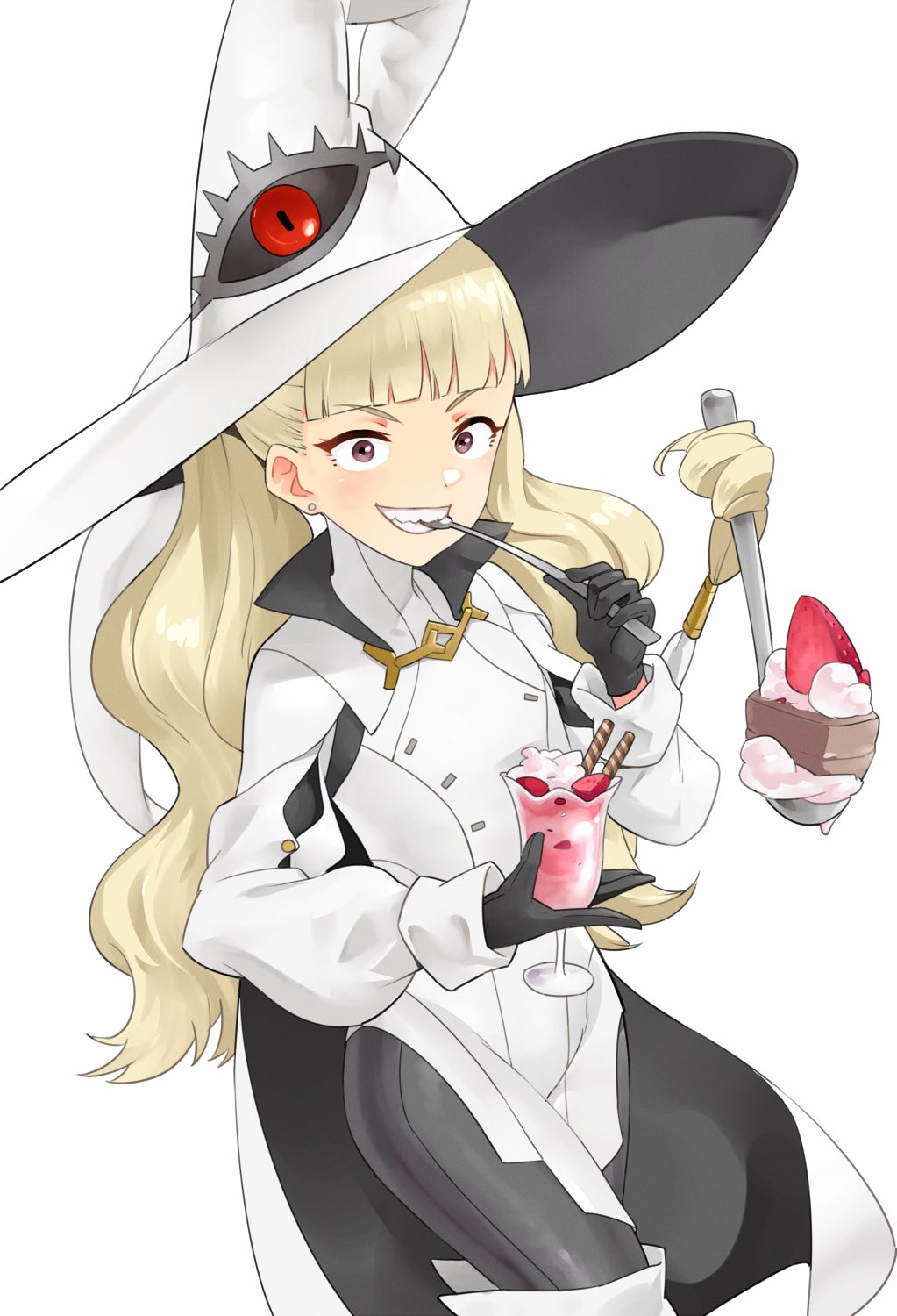 1girl bangs black_gloves blonde_hair blunt_bangs cake cup earrings eitri_(fire_emblem) eyebrows_visible_through_hair fire_emblem fire_emblem_heroes food fruit gloves hat highres holding holding_cup holding_spoon igni_tion jewelry long_hair long_sleeves looking_at_viewer parfait prehensile_hair puffy_sleeves smile solo spoon strawberry teeth tri_tails utensil_in_mouth violet_eyes white_background white_headwear witch_hat