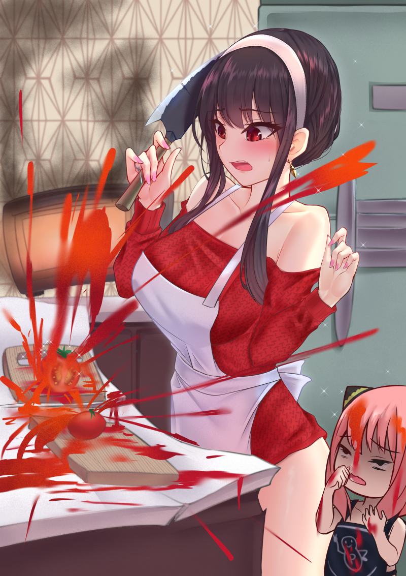 2girls anya_(spy_x_family) apron black_hair blush breasts broken child cooking counter cutting_board earrings eyebrows_visible_through_hair food food_on_clothes food_on_face food_on_hair from_side gold_earrings hairband hands_up holding holding_knife jewelry kitchen kitchen_knife knife large_breasts microwave mother_and_daughter multiple_girls no_pants off-shoulder_sweater off_shoulder open_mouth pink_hair popoman red_eyes red_sweater short_hair_with_long_locks sidelocks smoke spy_x_family sweatdrop sweater tomato white_apron white_hairband yor_briar you're_doing_it_wrong