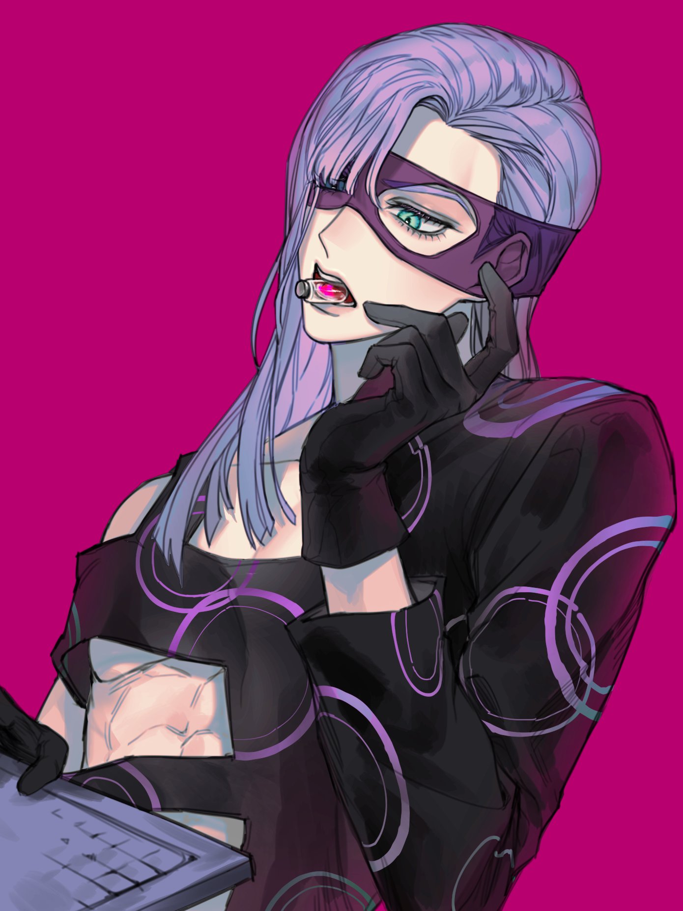 1boy ampule baby_face_(stand) blue_eyes computer domino_mask gloves highres jojo_no_kimyou_na_bouken long_hair male_focus mask melone mouth_hold purple_hair ranch_jjba single_bare_shoulder solo stand_(jojo) vial