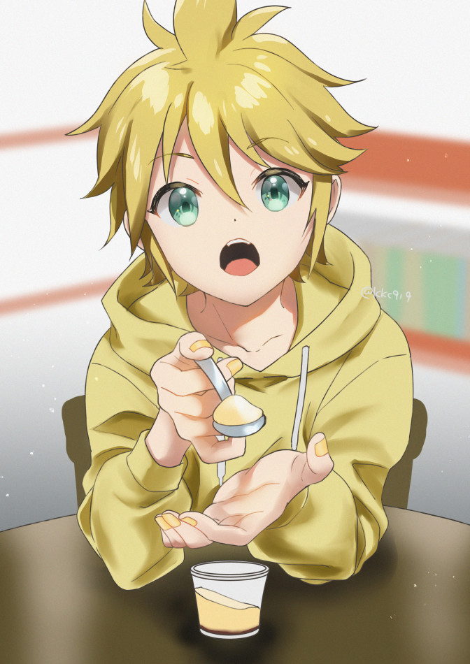 1boy aqua_eyes bangs blonde_hair blue_eyes blurry blurry_background chair commentary_request eyebrows_visible_through_hair feeding food giving hair_between_eyes holding holding_food holding_spoon hood hoodie incoming_food kagamine_len kikuchi_mataha looking_at_viewer male_focus open_mouth pov_across_table sitting spoon table teeth vocaloid yellow_nails