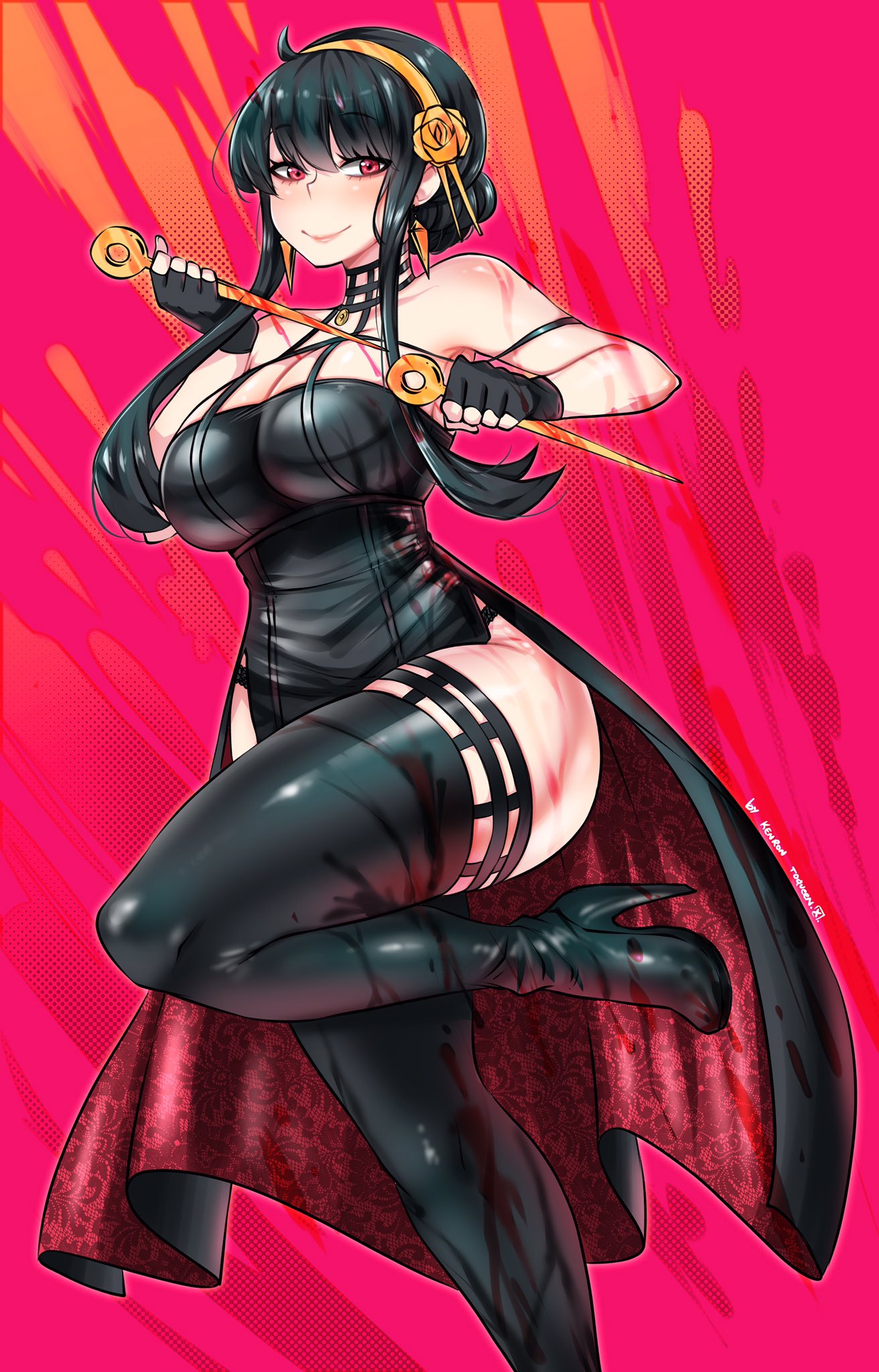1girl black_dress blood blood_on_arm blood_on_breasts blood_on_weapon breasts dress dual_wielding earrings gold_earrings gold_hairband highres holding jewelry kenron_toqueen large_breasts rose_hair_ornament short_hair_with_long_locks solo spy_x_family thigh-highs thighs two-sided_dress weapon yor_briar