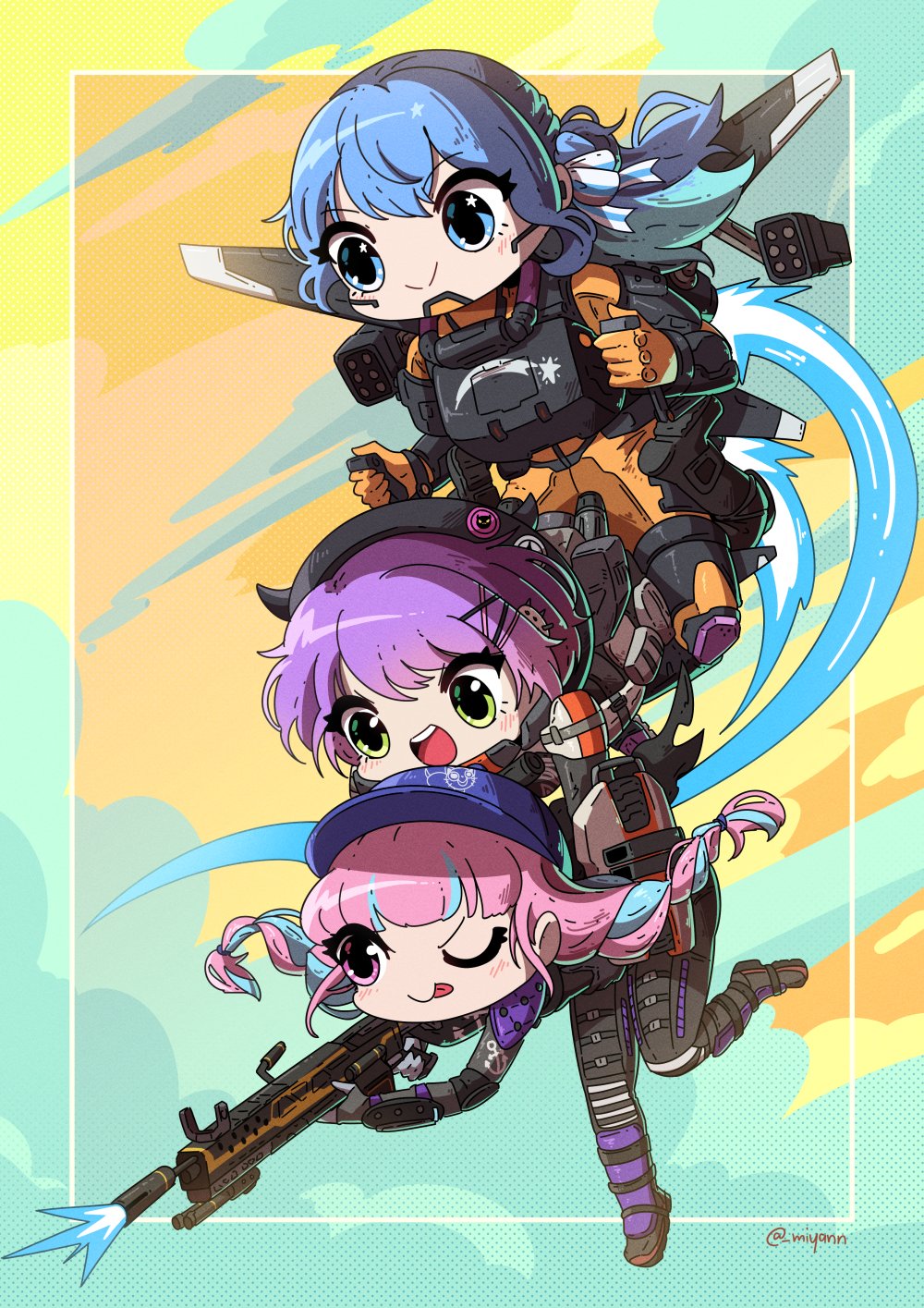 3girls apex_legends bent_over beret black_bodysuit black_headwear blue_eyes blue_hair bodysuit cosplay energy_gun firing gibraltar_(apex_legends) gibraltar_(apex_legends)_(cosplay) green_eyes gun hat highres holding holding_gun holding_weapon hololive hoshimachi_suisei jetpack licking_lips light_machine_gun minato_aqua missile_pod miyan_(oceanmaiden) multicolored_hair multiple_girls one_eye_closed orange_bodysuit shield smile streaked_hair tokoyami_towa tongue tongue_out v-shaped_eyebrows valkyrie_(apex_legends) valkyrie_(apex_legends)_(cosplay) virtual_youtuber weapon wraith_(apex_legends) wraith_(apex_legends)_(cosplay) x-55_devotion