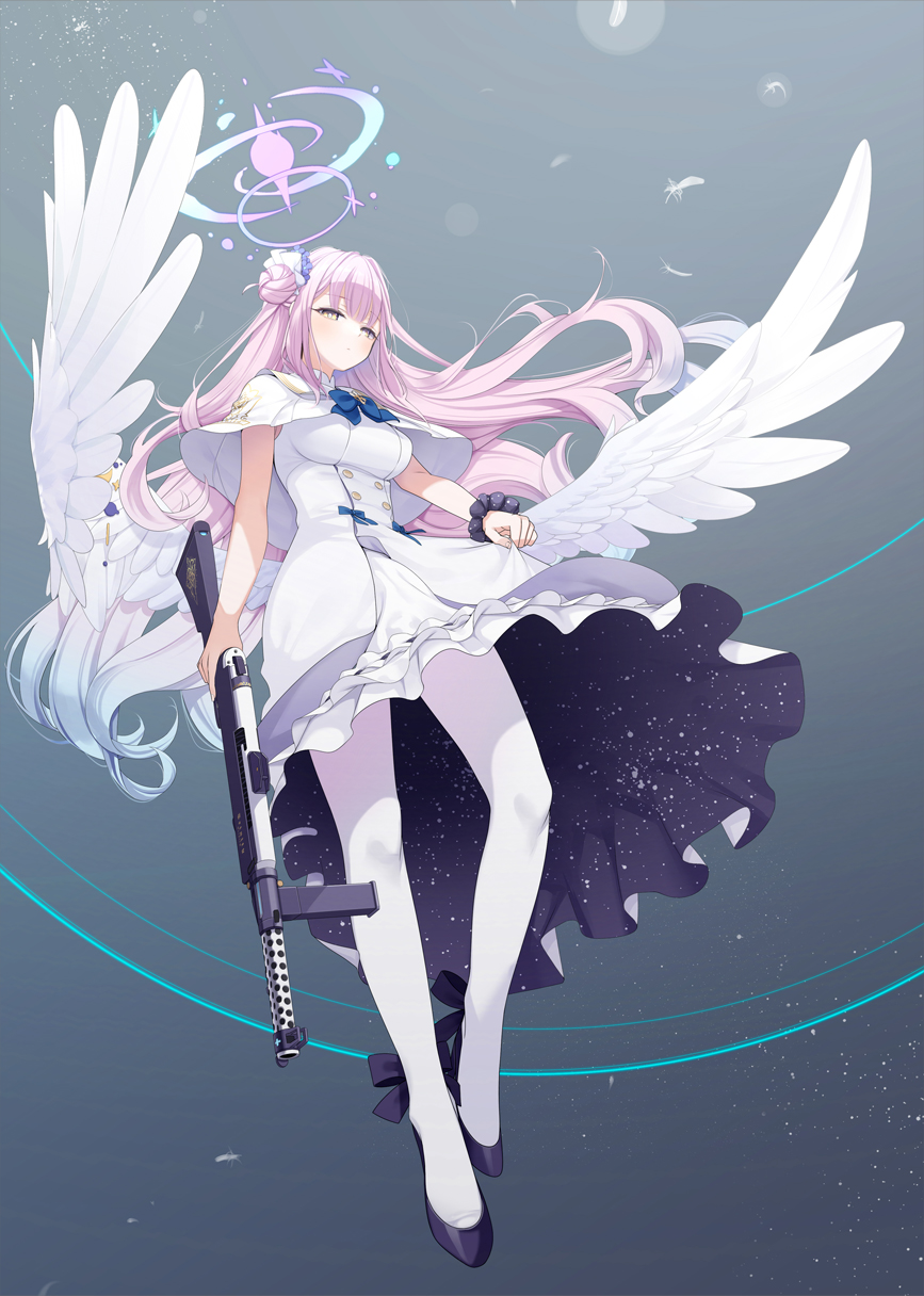1girl angel_wings assault_rifle bangs blue_archive blush breasts closed_mouth dress eyebrows_visible_through_hair feathered_wings fed_(giba) full_body gun half-closed_eyes halo high_heels highres holding holding_weapon long_hair looking_at_viewer mika_(blue_archive) pantyhose pink_hair puffy_sleeves rifle shoes short_sleeves solo standing very_long_hair weapon white_dress white_legwear white_wings wings