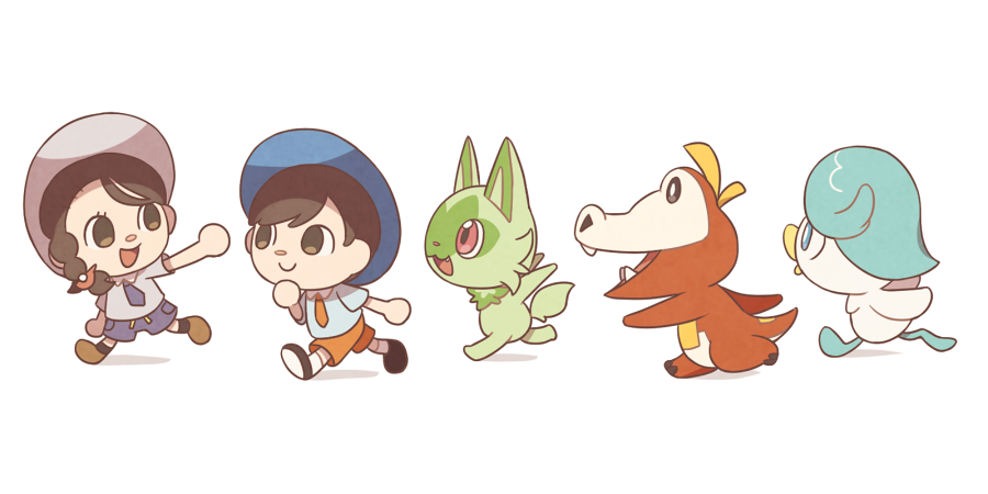 1boy 1girl animal_crossing bangs blue_headwear brown_eyes brown_footwear brown_hair commentary eyelashes florian_(pokemon) from_side fuecoco grey_headwear hat juliana_(pokemon) looking_back necktie orange_necktie orange_shorts parody pokemon pokemon_(creature) pokemon_(game) pokemon_sv quaxly shirt shoes shorts socks sprigatito ssalbulre standing style_parody white_socks