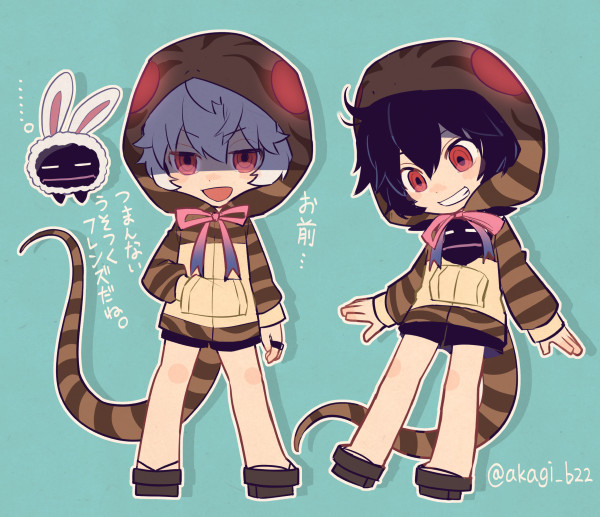 ... 2boys animal_costume animal_ears aqua_background arm_at_side arms_at_sides bangs black_hair black_shorts bow bowtie bunny_costume chibi cosplay_request creature dual_persona full_body geta gradient_bow gradient_clothes grin hand_in_pocket hood hood_up hoodie inumaru_akagi jewelry kuga_yuuma legs_apart lizard_tail long_sleeves looking_at_another looking_at_viewer looking_away looking_down male_focus multiple_boys pink_bow pink_bowtie rabbit_ears red_eyes replica ring shaded_face shared_clothes short_hair shorts simple_background smile standing striped striped_hoodie tail twitter_username white_hair world_trigger