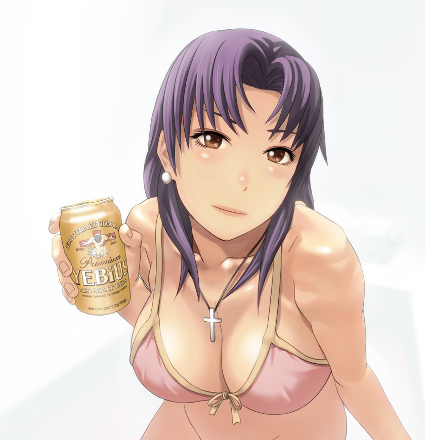 blush bottomless breasts brown_eyes bugfix can cleavage collarbone cross drink earrings front-tie_top holding jewelry katsuragi_misato necklace neon_genesis_evangelion pose purple_hair simple_background solo yebisu