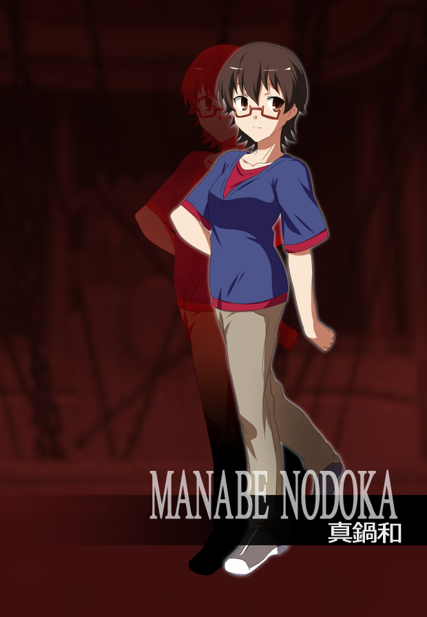 brown_eyes brown_hair casual character_name glasses ikari_manatsu k-on! manabe_nodoka melty_blood parody red-framed_glasses semi-rimless_glasses short_hair solo style_parody tsukihime under-rim_glasses