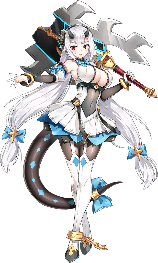 1girl artist_request axe bangs blue_bow blue_bowtie blue_nails boots bow bowtie bracelet breasts cleavage_cutout clothing_cutout covered_navel crossed_legs cuffs detached_sleeves dress epic_seven full_body garter_straps hand_up holding holding_axe horns jewelry large_breasts long_hair looking_at_viewer official_art open_mouth over_shoulder pantyhose pointy_ears red_eyes shackles simple_background solo standing tail thigh-highs thigh_boots third-party_source transparent_background twintails very_long_hair weapon weapon_over_shoulder white_hair yufine_(epic_seven)