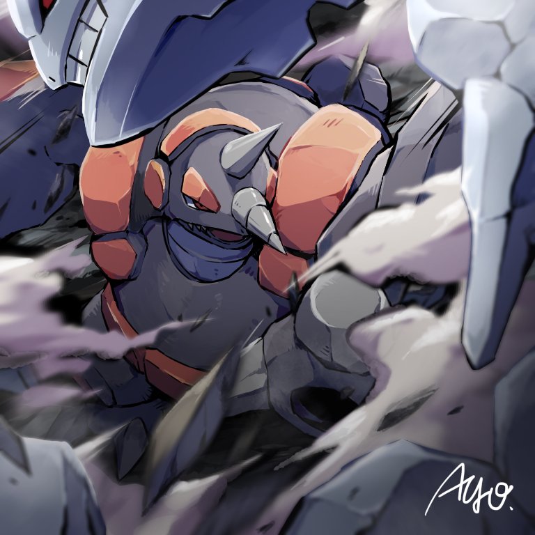ayo_(ayosanri009) black_sclera blurry clenched_teeth colored_sclera commentary_request horns motion_lines no_humans open_mouth pokemon pokemon_(creature) red_eyes rhyperior rock signature smoke steelix teeth