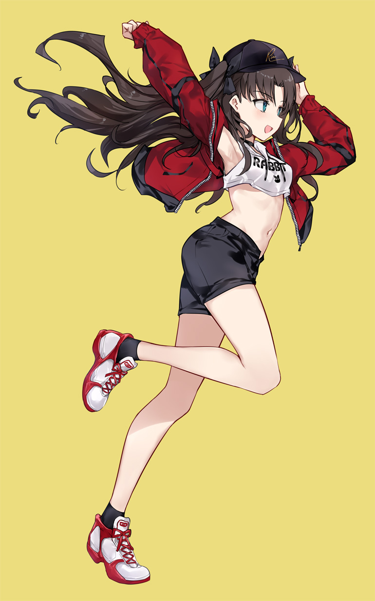 1girl asle bangs baseball_cap black_headwear black_shorts blue_eyes blush breasts brown_hair crop_top fate/stay_night fate_(series) full_body hair_ribbon hat highres jacket long_hair long_sleeves navel open_clothes open_jacket open_mouth red_jacket ribbon shirt shoes shorts simple_background smile sneakers solo tohsaka_rin two_side_up white_shirt yellow_background