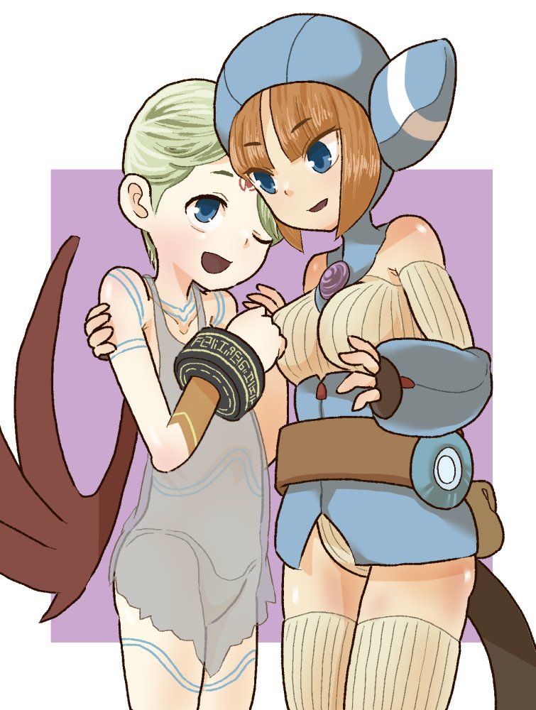 2girls animal_hood blue_eyes bracelet breasts breath_of_fire breath_of_fire_v cat_hood dress facial_mark full-body_tattoo green_hair hood jewelry lin_(breath_of_fire) multiple_girls nina_(breath_of_fire_v) open_mouth red_wings see-through short_hair sicky_(pit-bull) smile tail tattoo white_dress wings