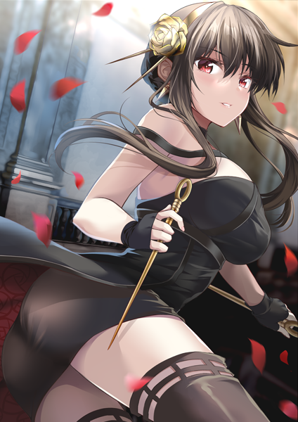 1girl ass bangs bare_shoulders black_dress black_gloves black_hair black_legwear breasts dagger dress fingerless_gloves gloves gold_hairband izumi_akane knife large_breasts long_hair looking_at_viewer parted_lips petals red_eyes rose_hair_ornament sidelocks solo spy_x_family thigh-highs thighs weapon yor_briar