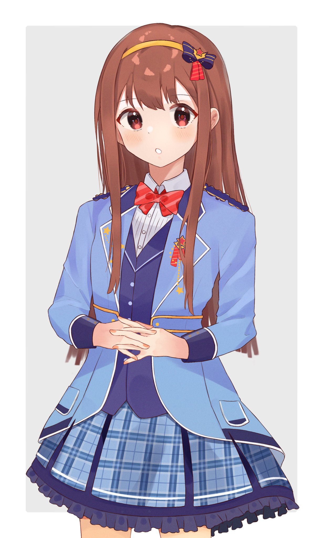 1girl :o blue_jacket blush bow bowtie commentary_request highres idol idolmaster idolmaster_million_live! interlocked_fingers jacket looking_at_viewer own_hands_together petticoat plaid plaid_skirt red_bow red_bowtie red_eyes redhead shishiodoshi simple_background skirt solo tanaka_kotoha two-tone_background